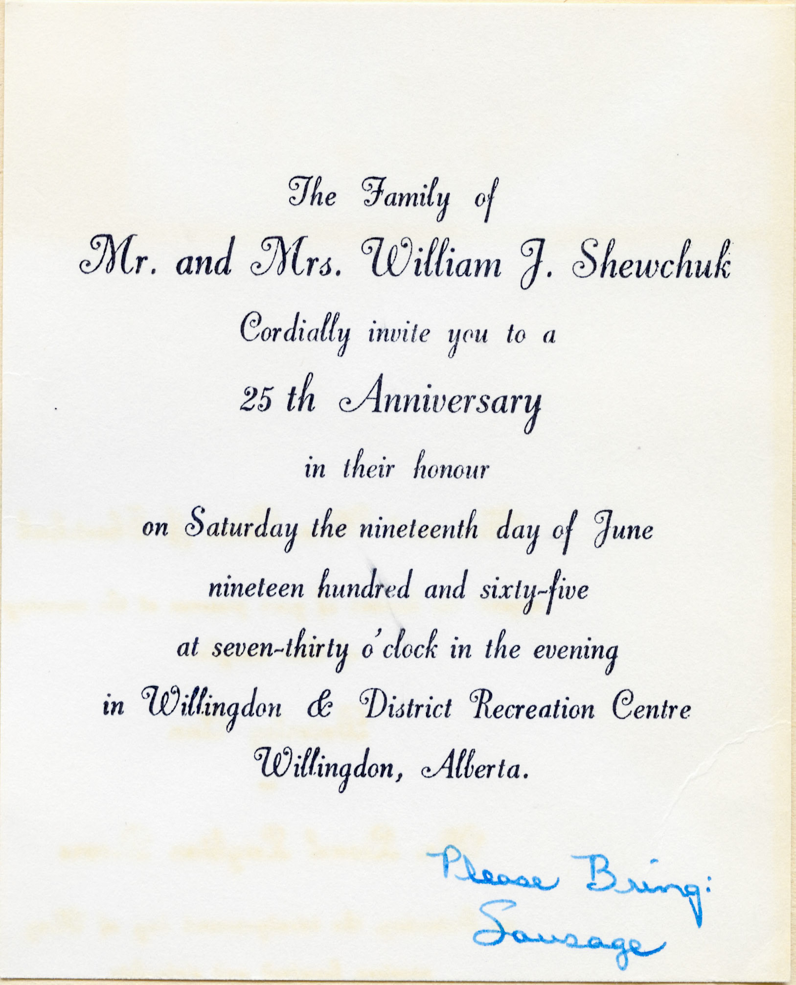 Please Bromg Sausage: That hand written note on this 1965 25th wedding anniversary invitation says it all. Adding notes like appeared on various invitations in that era in the farming community.