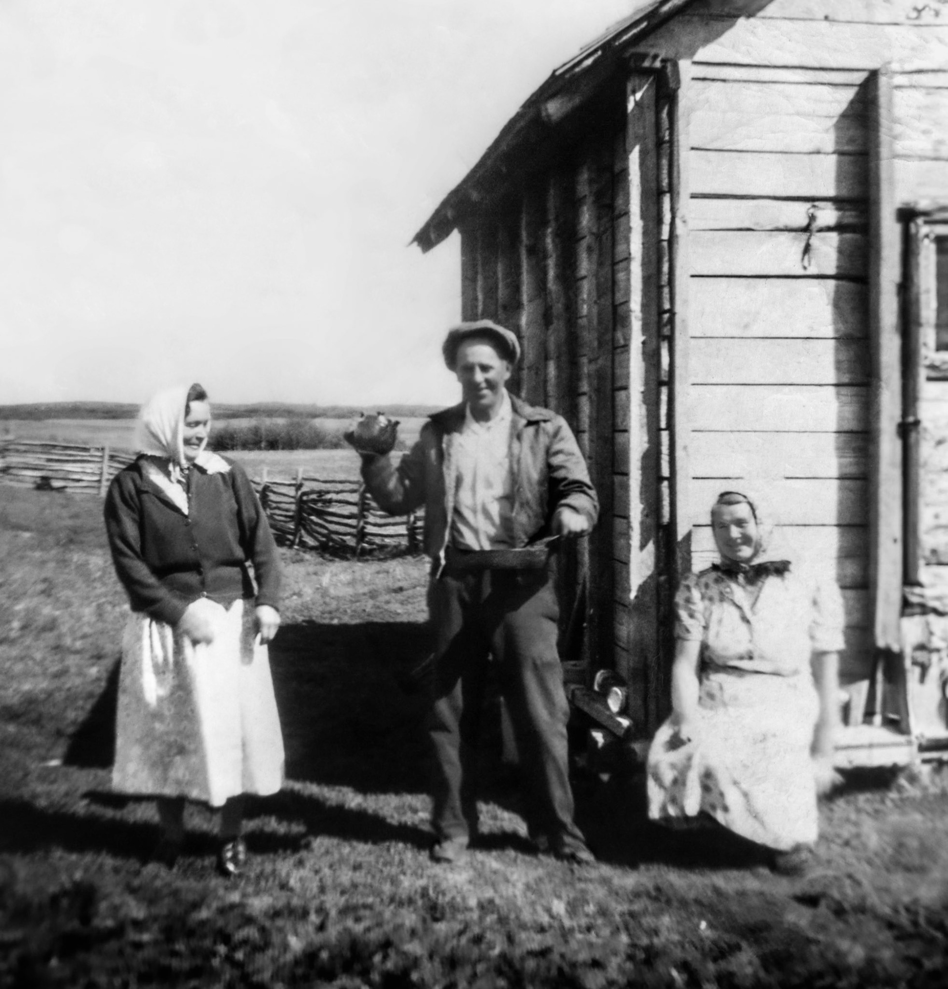 Circa 1935: L to R: Unknown female - John Huculak SR - Annie [Darda] Huculak.See before image for comparison. Origional image 2.5x2.5 inch.