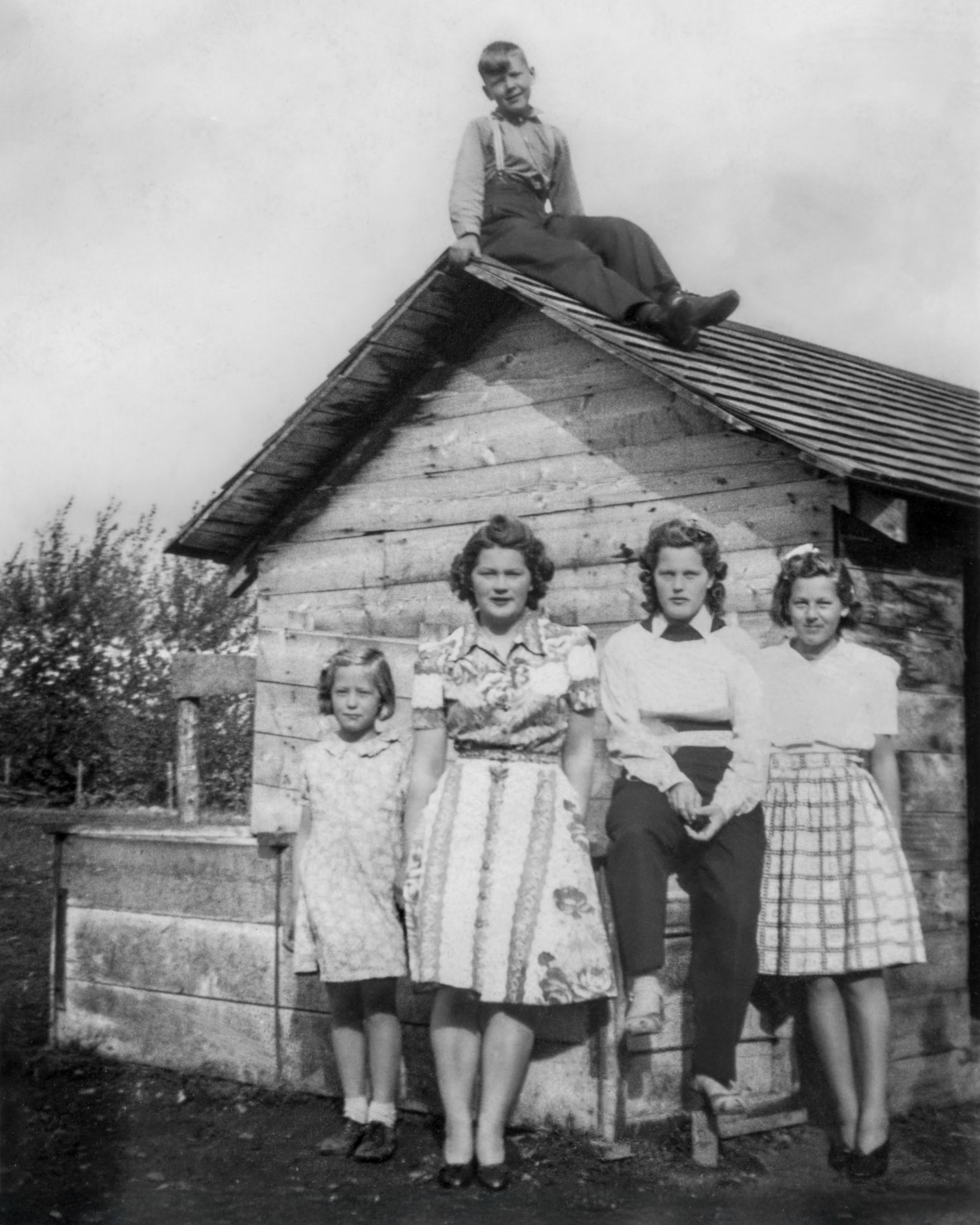 1942 • Children of Mike and Christina Shewchuk at pump house on farm near Willingdon, AB. Rooftop: Paul (11) - L to R: Kathleen (8) - Nettie (20) - Eleanor (18) - Lena (13)