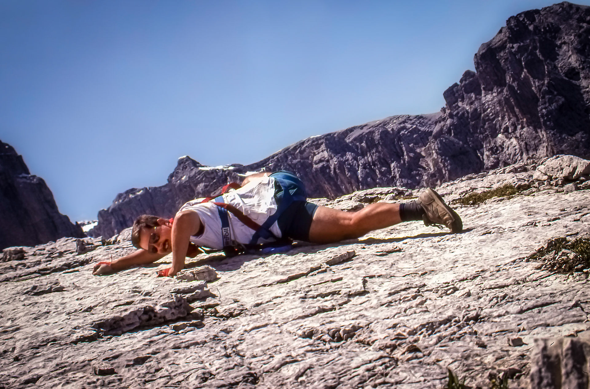 Circa 1989 ~ 1991: Brian Huculak posing for a shot in Dolomite mountains, Italy.. Photo credit: Robert Keith.