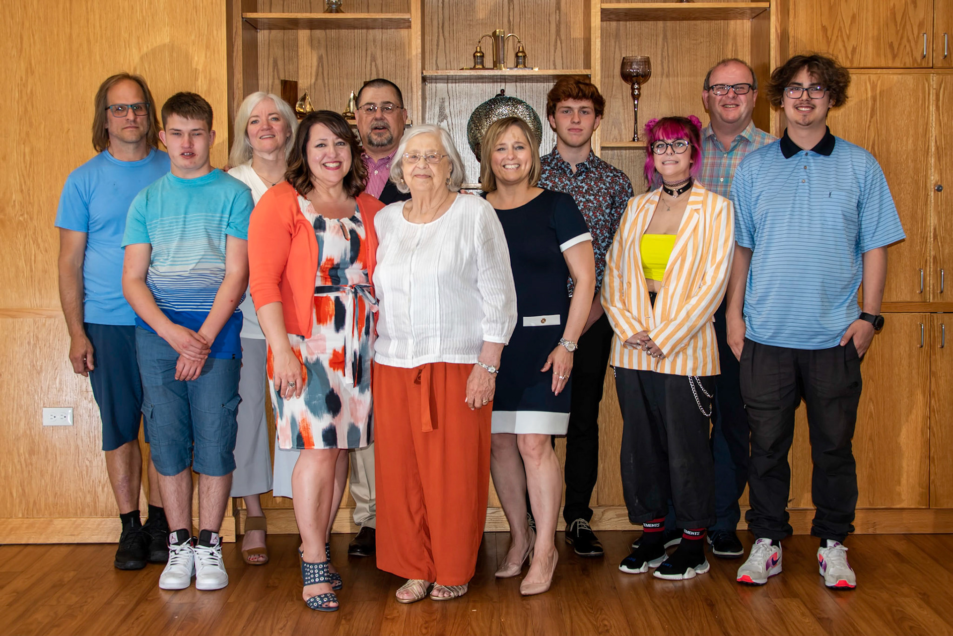 30 June 2019: Kathleen Huculak birthday party and family, Edmonton, Alberta. L to R: David Macki (spouse of Sherri) - Ben Macki (son of Dave and Sherri) - Paula Rosson (spouse) of Brian Huculak adjacent - Sherri [Huculak] Macki adjacent Kathleen [Shewchuk] Huculak - Lee-Ann [Huculak] Emment - Garreth Emment (son of Lee-Ann) - Alesia Emment (dauighter of Lee-Ann) - Barry Emment (spouse of Lee-Ann), ? Male - date of Alesia Emment. Photo credit: Brian M Huculak (remote fired)