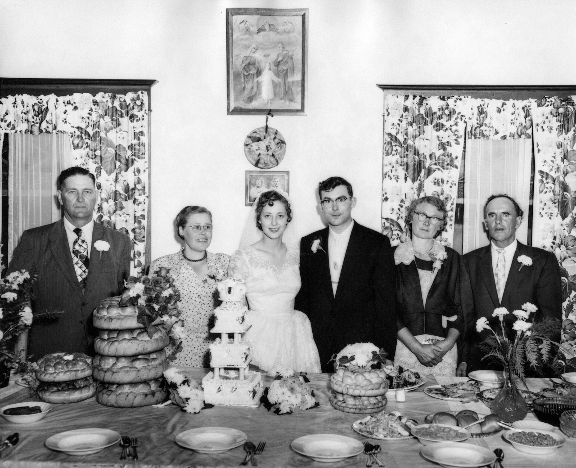16 Jun 1956 • John and Kathleen wedding reception dinner, L to R: Mike Shewchuk (58) - Christina [Huculak] Shewchuk (53) (no Huculak family relation) - Kathleen Shewchuk (bride age 22) - John Huculak (groom age 23) - Annie [Darda] Huculak (49) -  John Huculak Sr. (52).