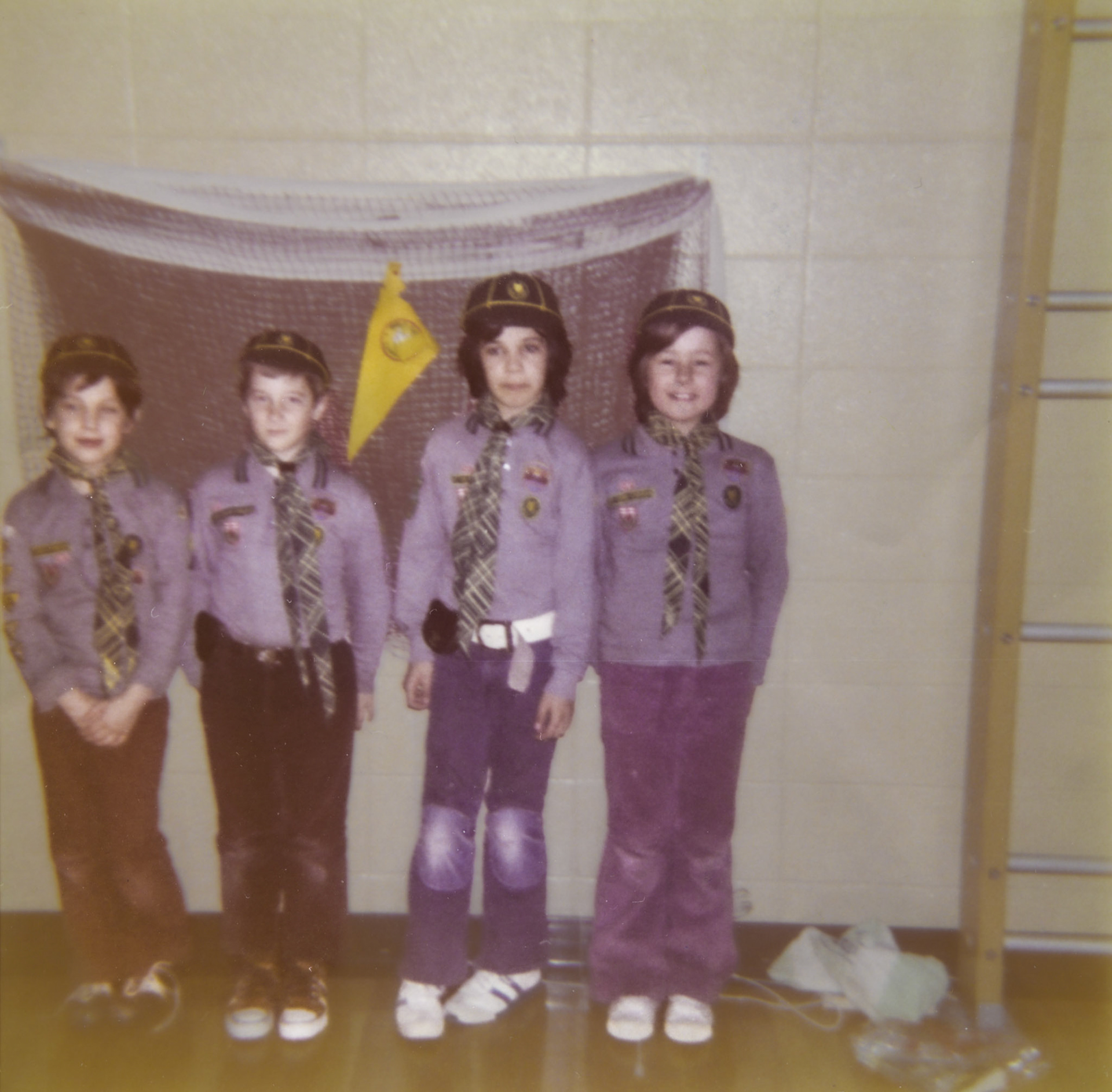 Circa 1971~72: R to L: Brian Huculak - 3 unknown males. J.A. Fife Elementary School Gym - Cub Scout meeting. Yellow pack. Photo credit: Kathleen [Shewchuk] Huculak.