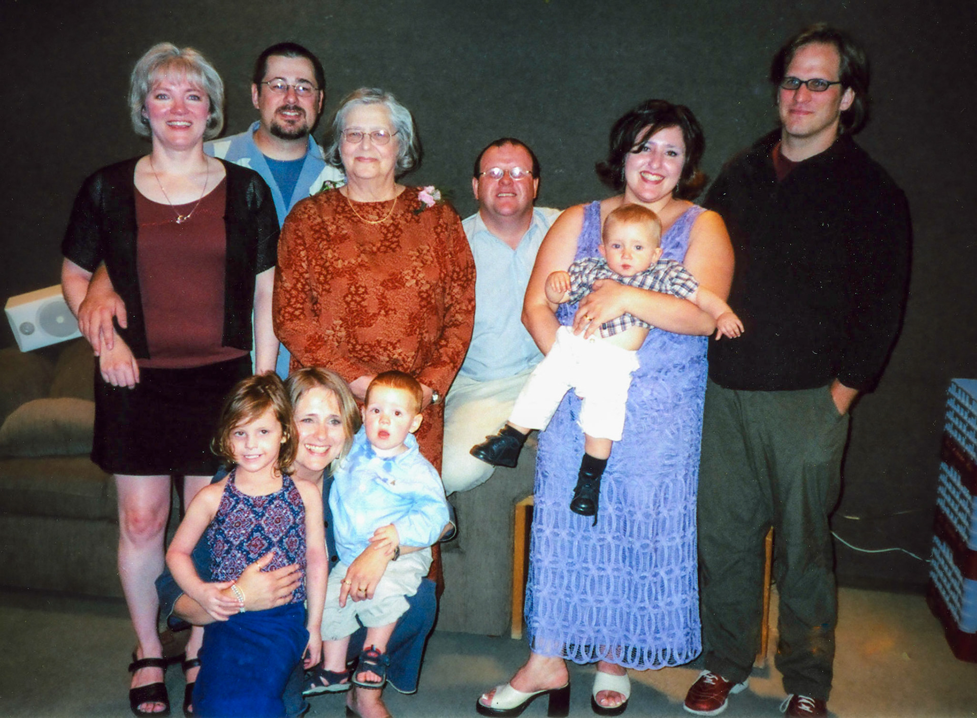31 August 2003. Wedding reception in Edmonton Alberta for Paula and Brian. L to R: Paula Rosson - Brian Huculak - Katheel [Shewchuk] Huculak - Barry Emment - Sherri [Huculak] Macki holdig son Ben Macki - David Macki - kneeling: Alesia Emment - Lee-Ann [Huculak] Emment - Garreth Emment. Photo credit: unknown.