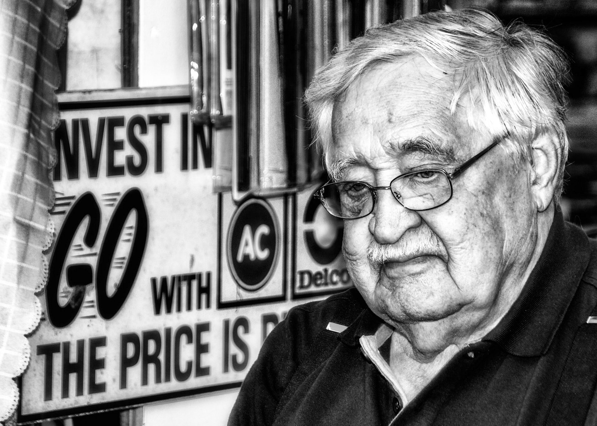24 May 2013, Lamont, Alberta. Steve M Shewchuk (1925-2022) - son of Mike and Christina [Huculak] Shewchuk, lost deep in thought as we get the car serviced at a small owner operator garage in Lamont. Photo credit: Brian M Huculak