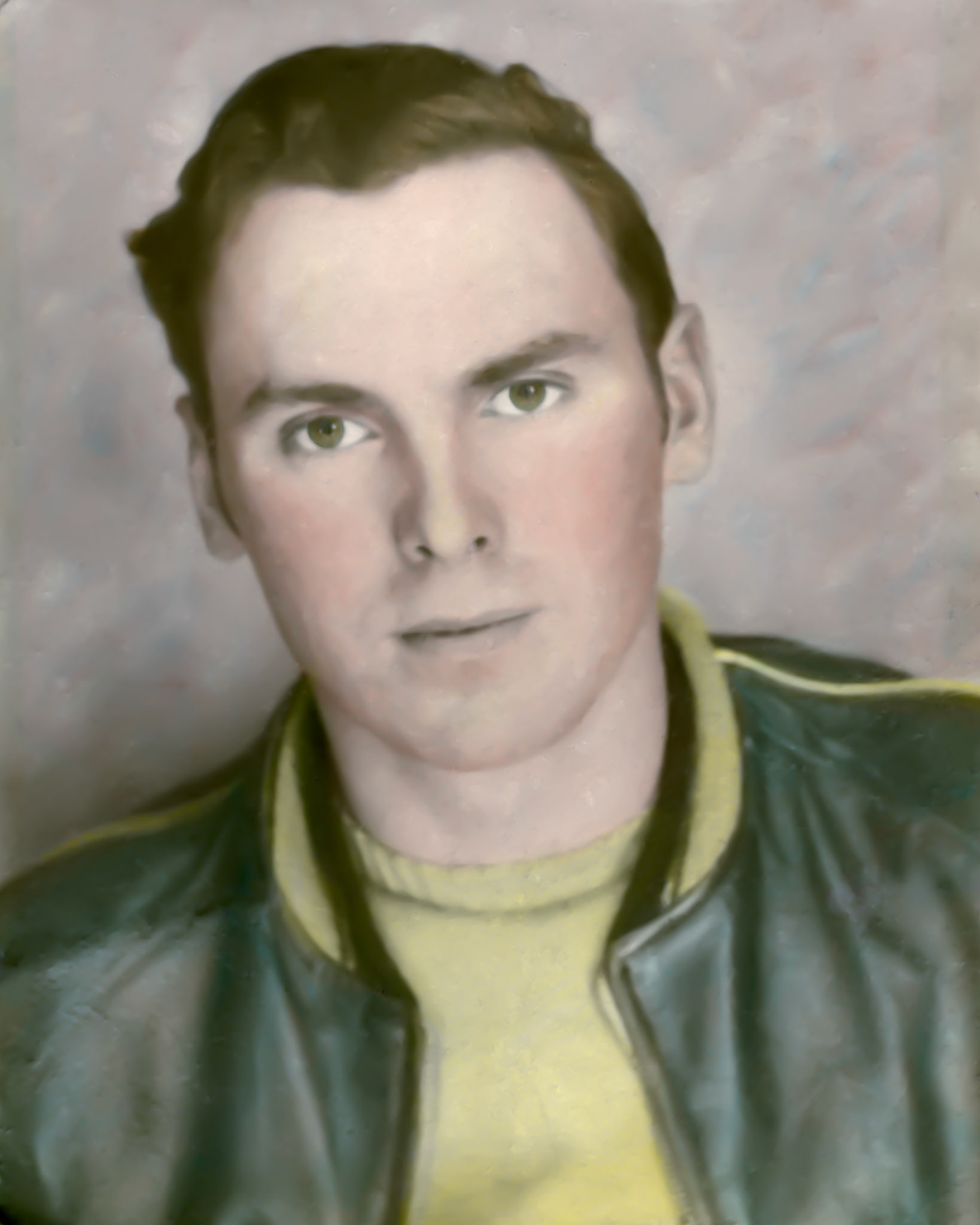 Circa 1948: Metro Huculak (Born: 4 Oct 1930 Died: 25 Oct 1952). Son of John Huculak SR and Annie [ Darda] Huculak. ELdest brother of George (Willis)  and John Huculak JR. Hand paint oroginal black and white  photograph. Image courtsey of Kathleen [Shewchuk] Huculak.