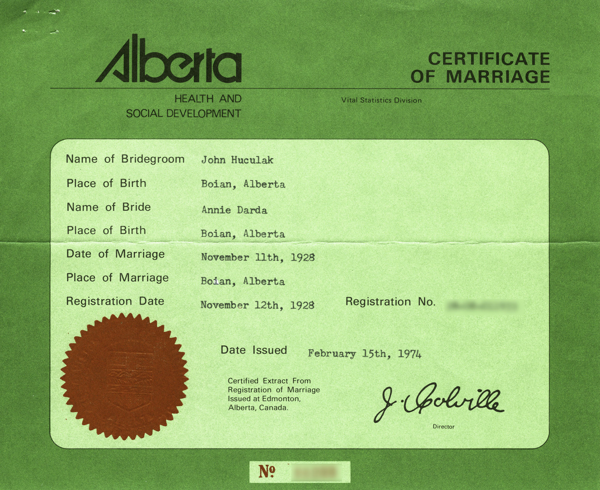 This has an incorrect location for J.Huculak birthplace, see batpism. Marriage cert. for John Huculak &amp; Annie Darda Nov 11 1928
