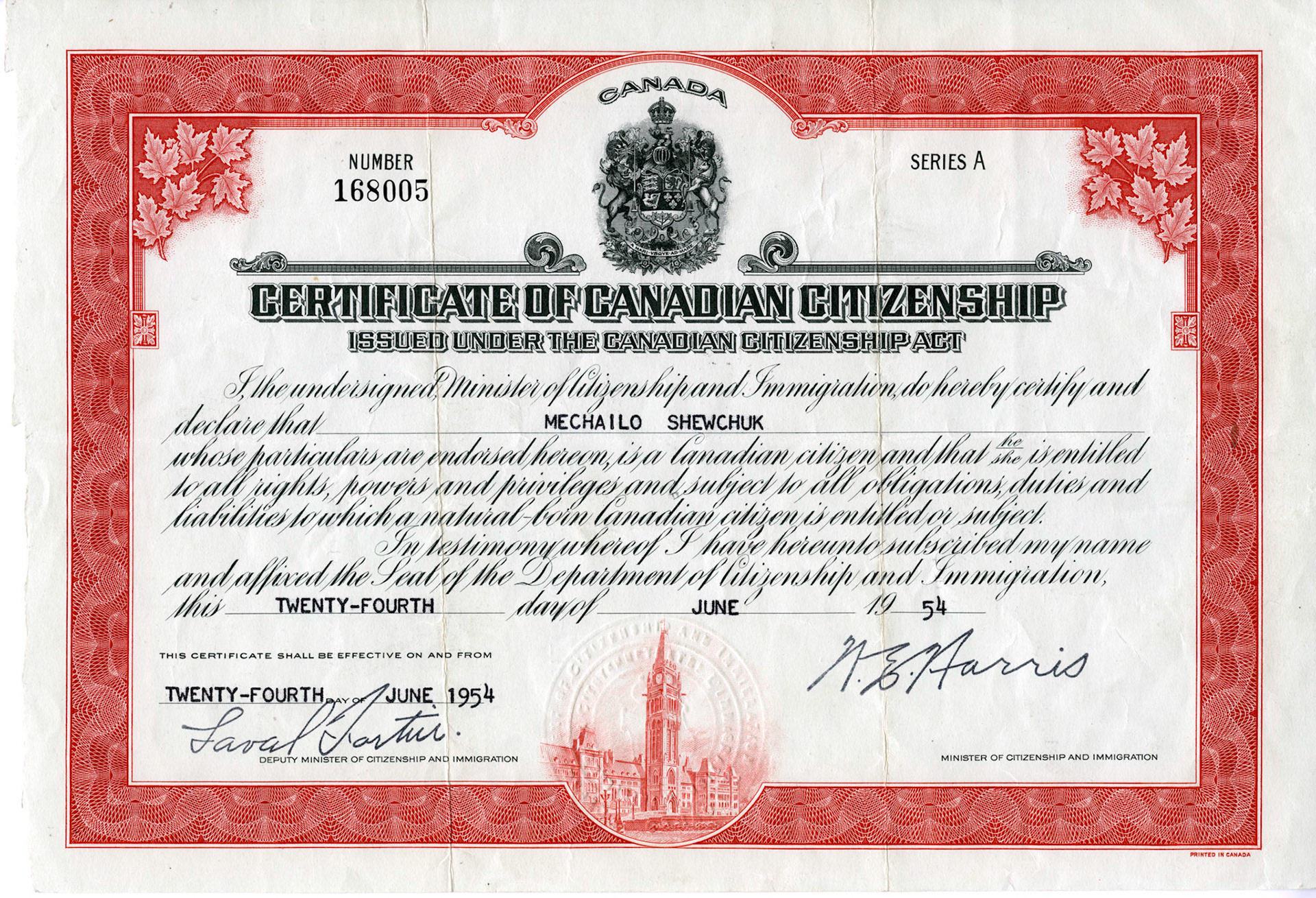 Certification of Canadian Citizenship for Michael (Michailo) Shewchuk