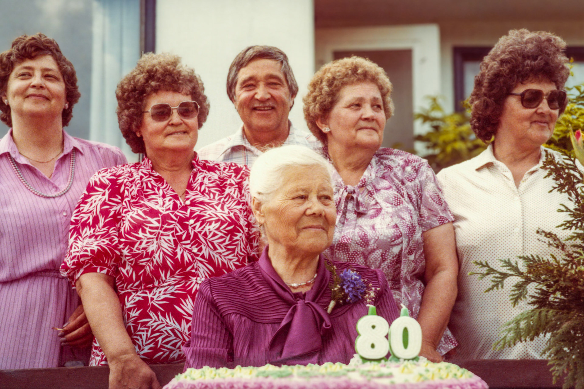 1983 • 80th birthday of Christina [Huculak] Shewchuk. Her children L to R: Kathleen Huculak (49) - Eleanor Romanko (59) - Steve Shewchuk (58) - Nettie Megley (61) - Lena Tatarin (53). Taken on the farm of John &amp; Lena Tatarin near Willingdon, AB. Photo credit: Brian Huculak (grandson and son of Kathleen [Shewchuk] Huculak
