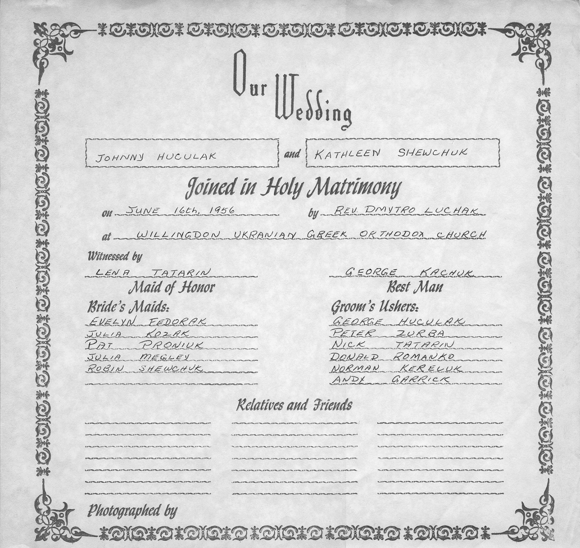 Wedding of John Huculak and Kathleen Shewchuk. 16 June 1956.
