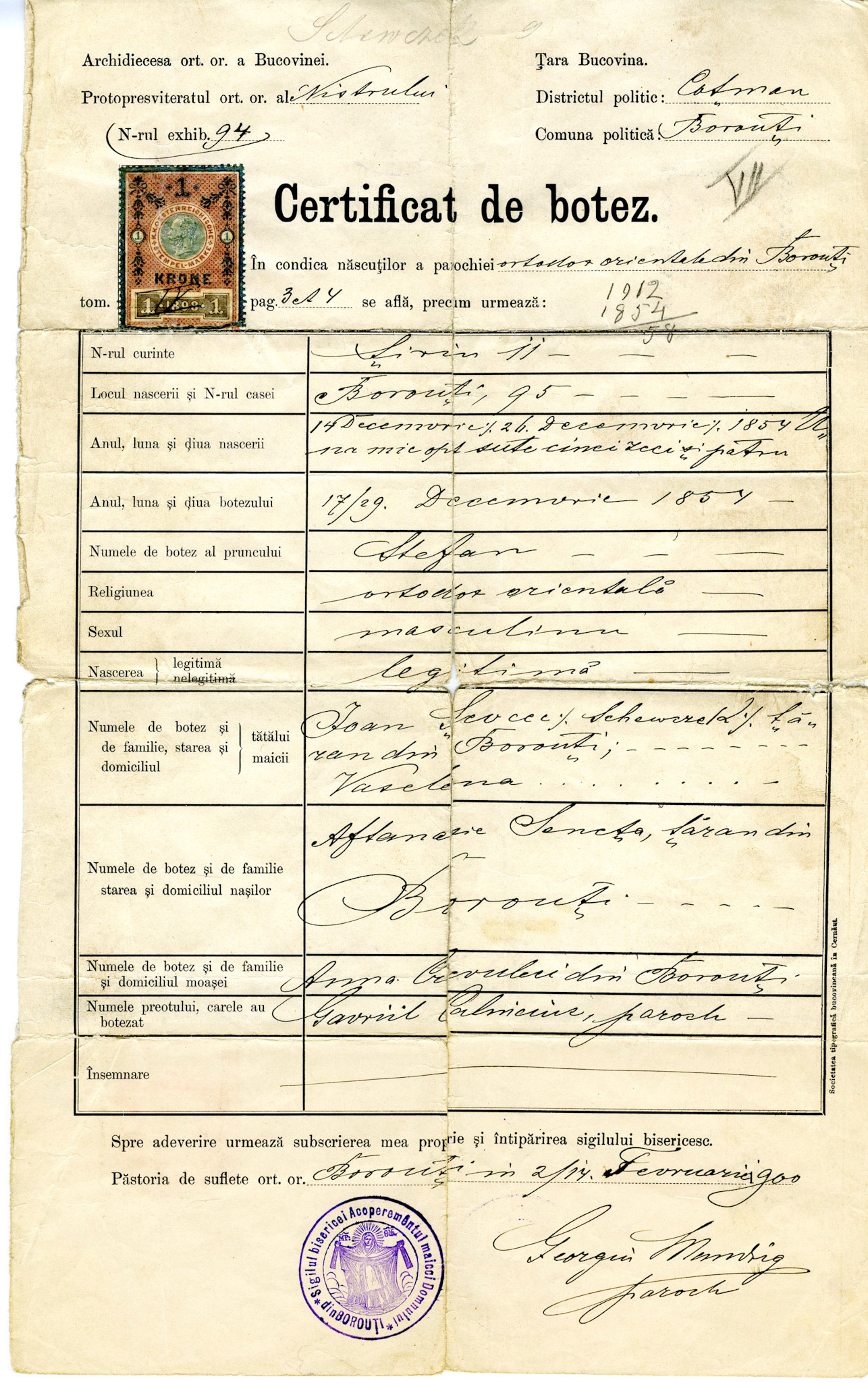Birth certtificate of Stefan Shewchuk from Bukovina