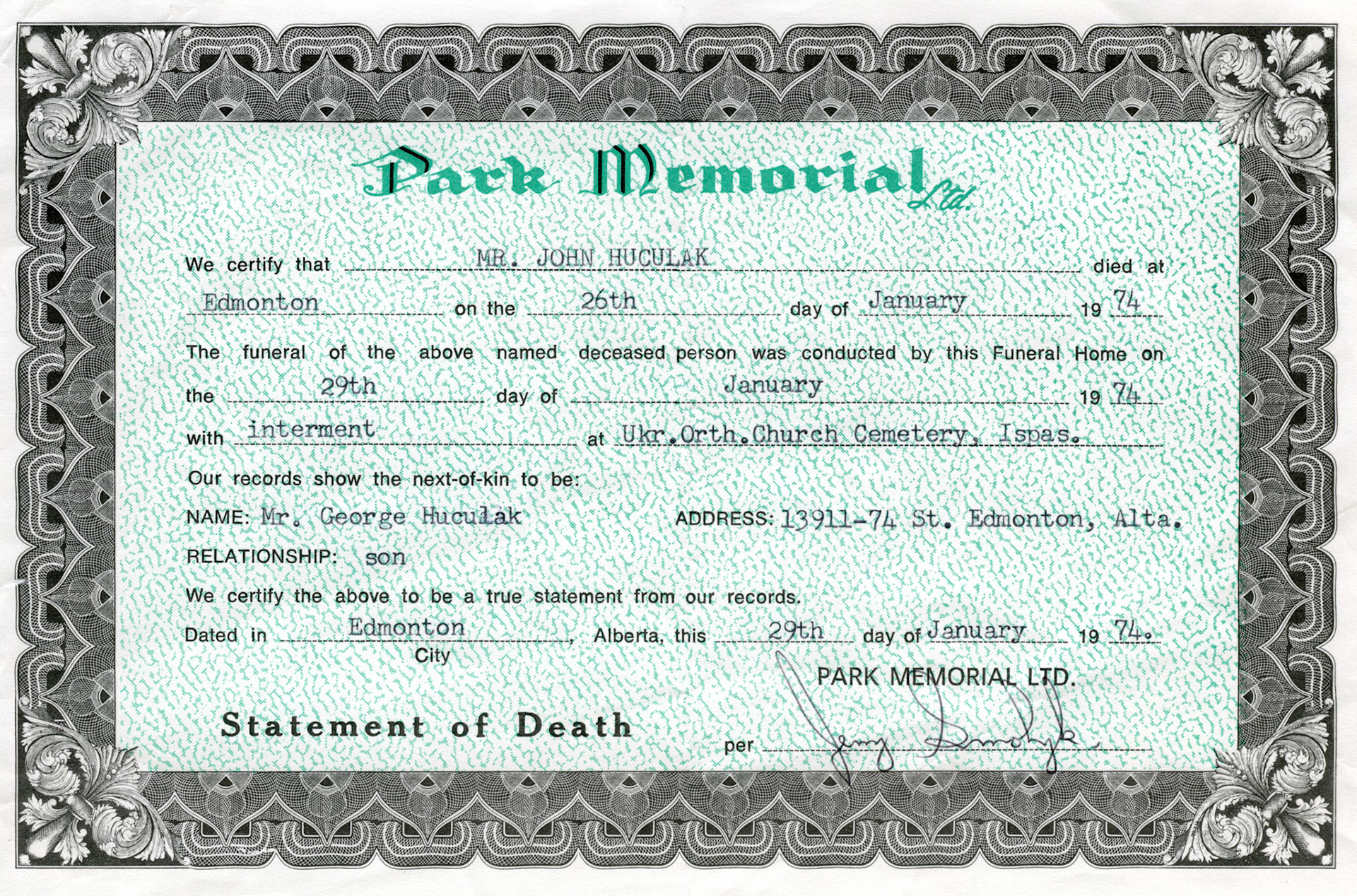 Death Statement for John Huculak Sr (1904 - 1974)