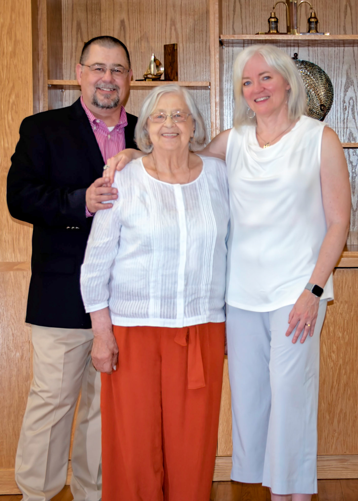 30 June 2019: Kathleen [Shewchuk] Huculak 85th birthday in Edmonton, Alberta. L to R: Brian M Huculak (son) - Kathleen - Paula Rosson (spouse of Brian). Photo credit: Brian M Huculak