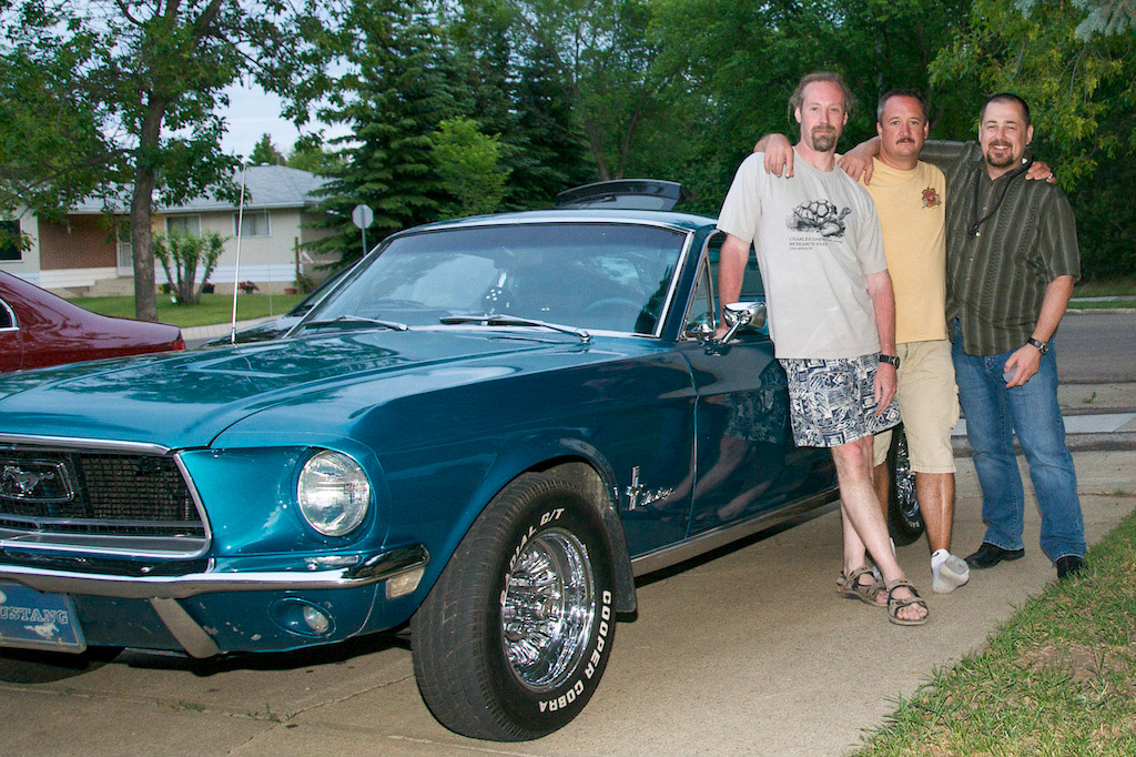 05 July 2009: Friends hanging out in Lethbridge and Craigs latest vintage Ford, Mustang. L to R: Craig Weir - David Maze - Brian Huculak.