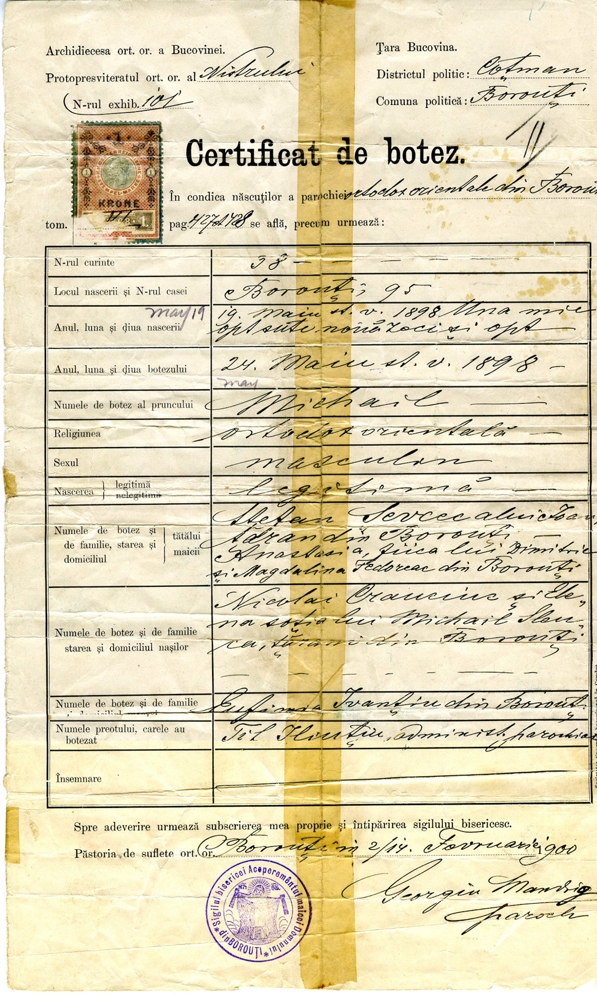 Birth certificate of Michalio (Michael/Mike) Shewchuk from Bukovina