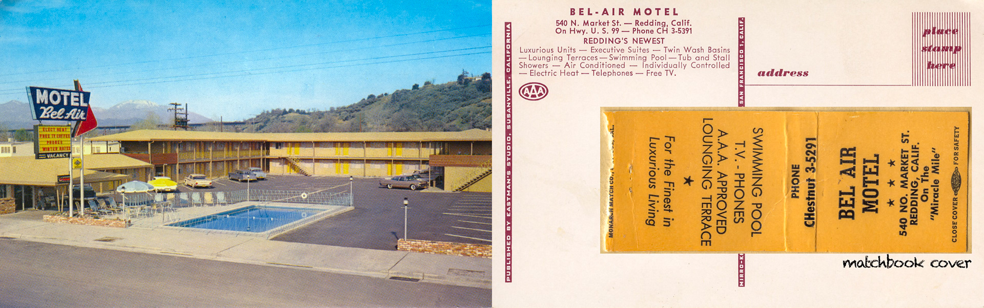 c.1958 classic color postcard and matchbook cover from the Bel-Air Motel in Redding California. One can imagine John and Kathleen Huculak staying here during their long drive to visit John's Uncle Nick in Niles, CA. From Kathleen's personal scrapbook of travel memories.
