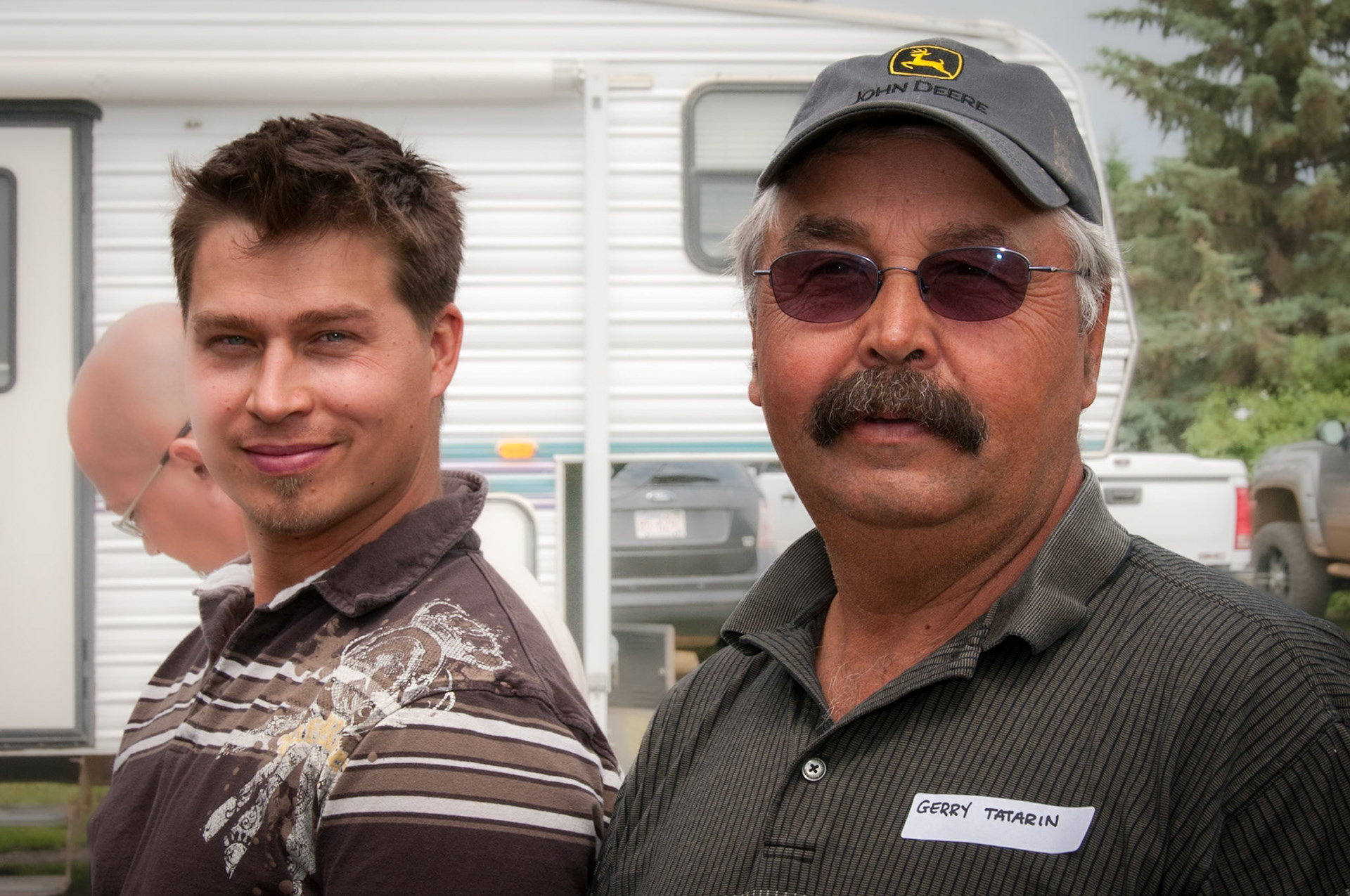 04 Juy 2009: Brent and father Gerry Tatarin: Gerry is grandson to Mike Shewchuk and Christina [Huculak] Shewchuk. Taken on Mike Shewchuks original homestead, now owned by Gerry and wife Myrna Tatarin, northeast of WIllingdon, AB. Photo credit: Brian M Huculak