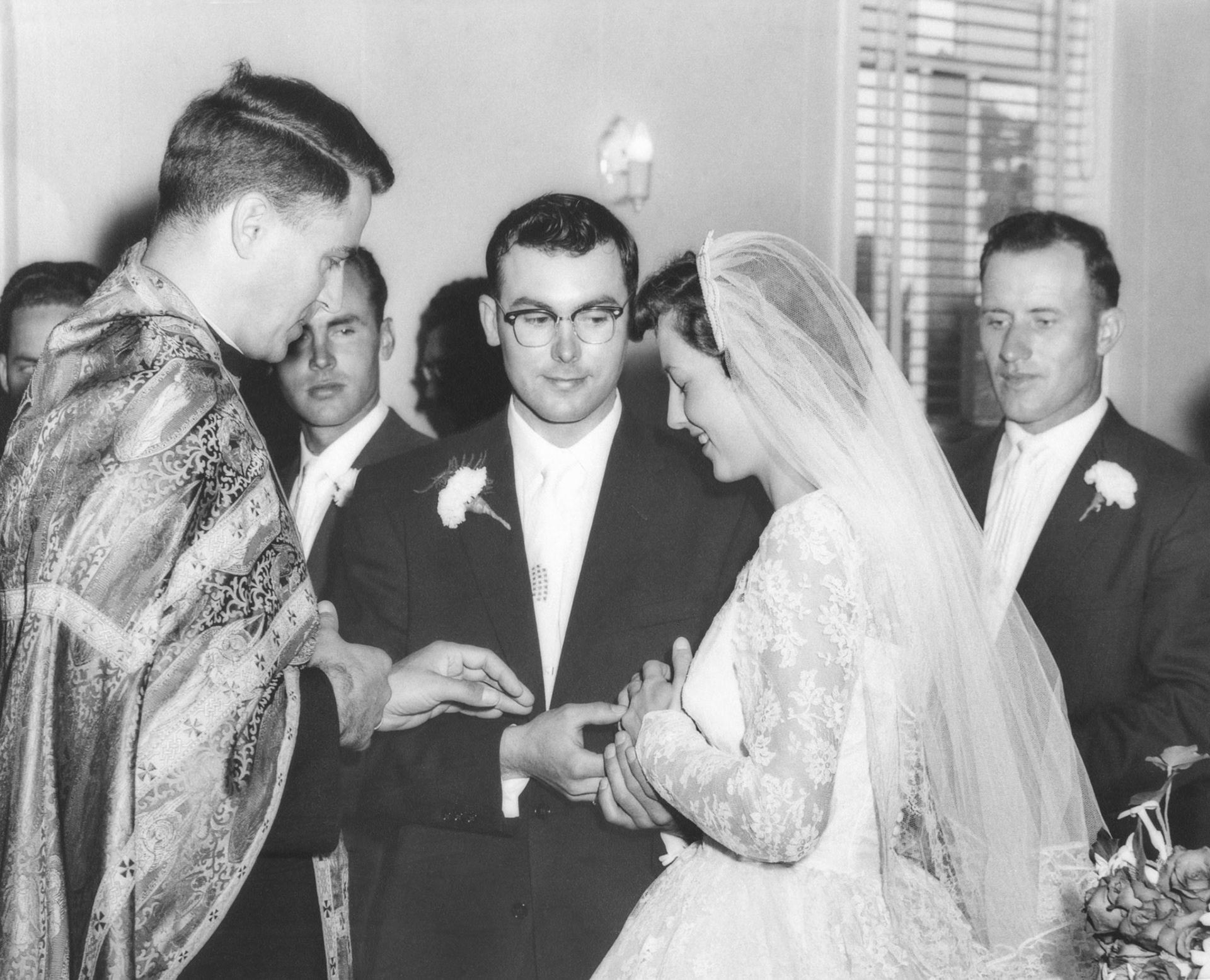 L to R:  Rev Dmytro Luchak, George Huculak (grooms brother background), John Huculak, Kathleen Shewchuk, George Kachuk