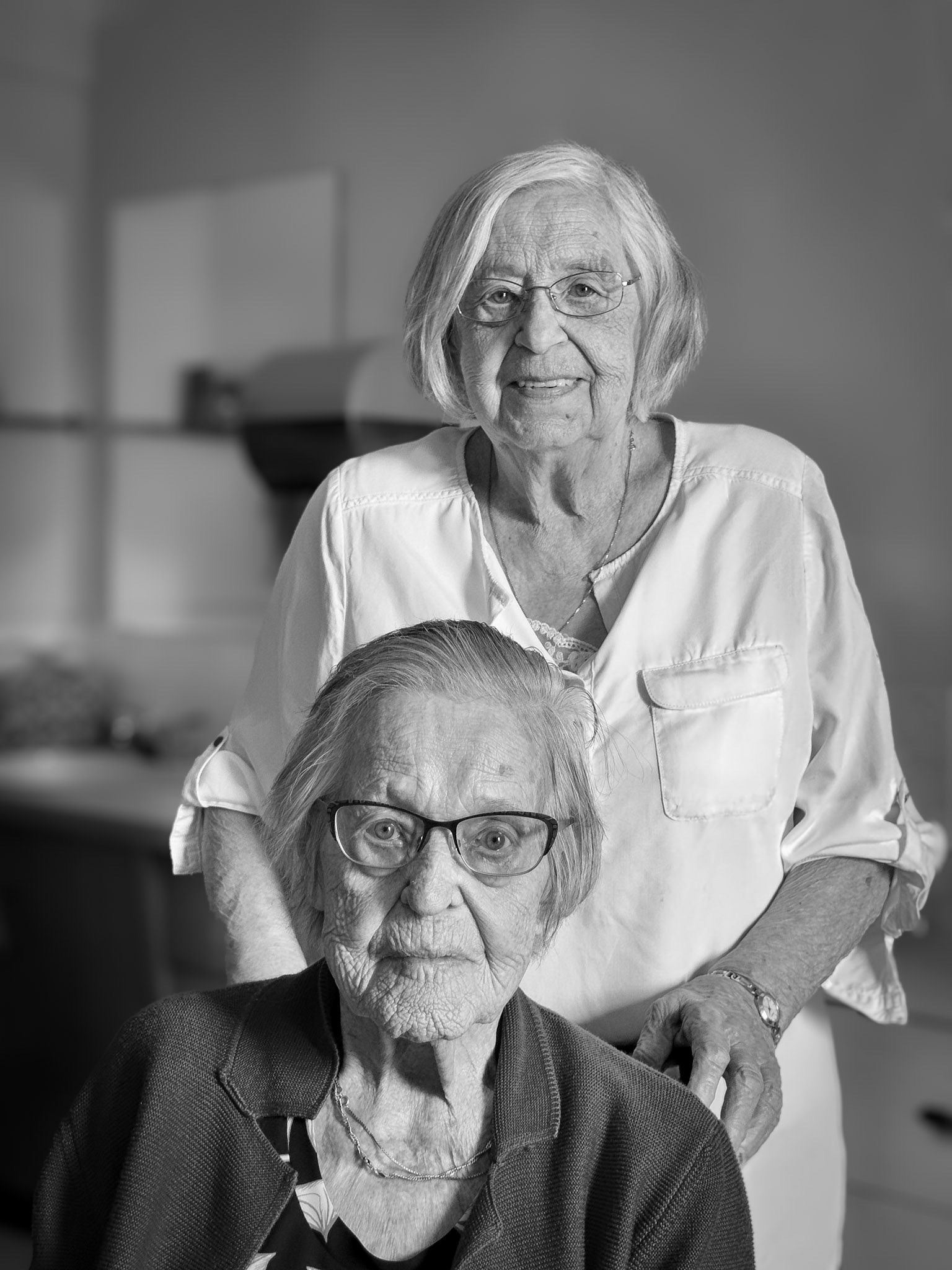12 Jul 2023 • Sisters Kathleen [Shewchuk] Huculak (89) and Eleanor [Shewchuk] Romanko (99), Edmonton, AB. Daughters of Mike Shewchuk and Christina [Huculak] Shewchuk. Photo credit: Brian M Huculak