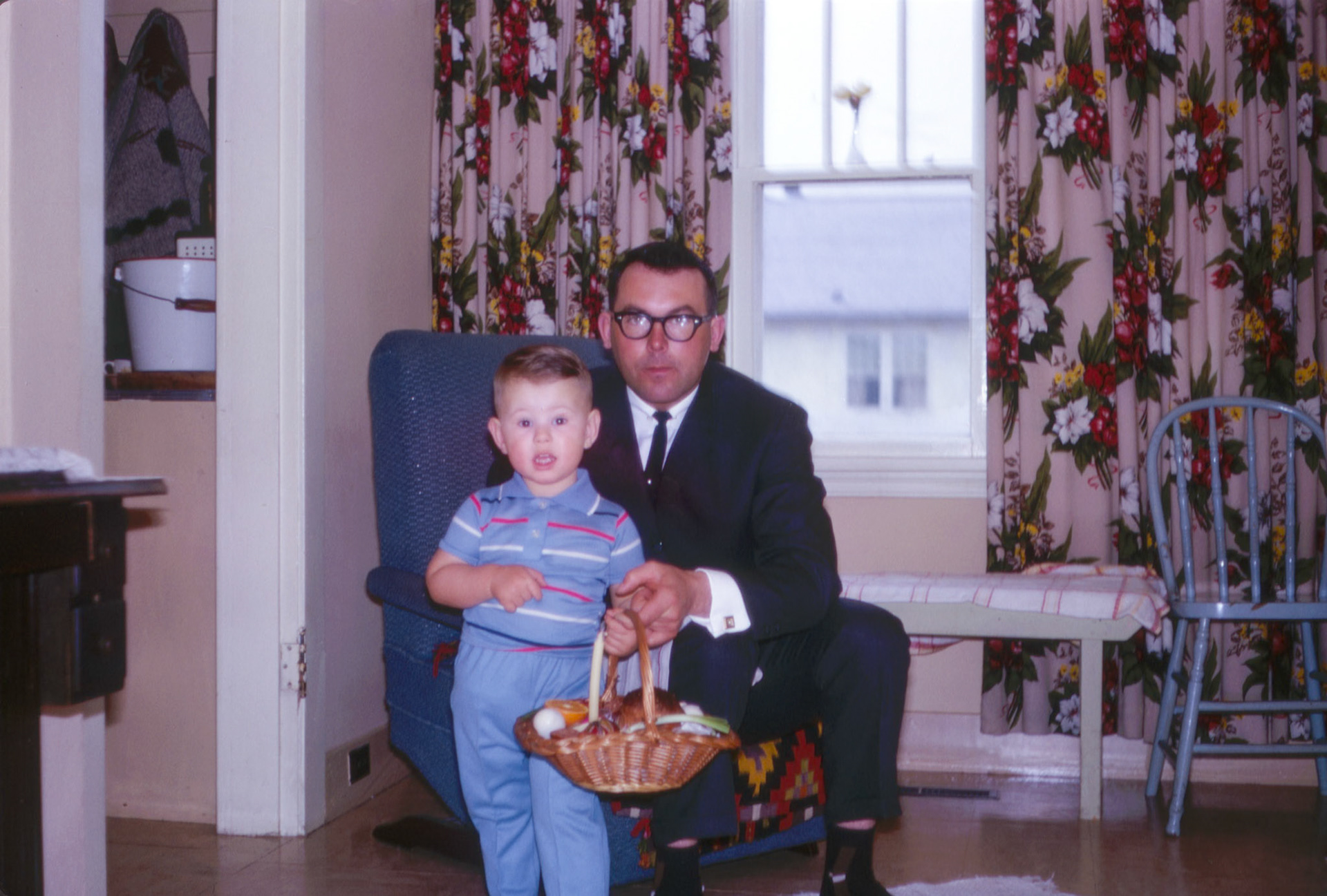 Brian Huculak (2) with father John Huculak (33), Ukrainian Orthdox Easter 1966, likely Willingdon, AB.Photo credit Kathleen Huculak.