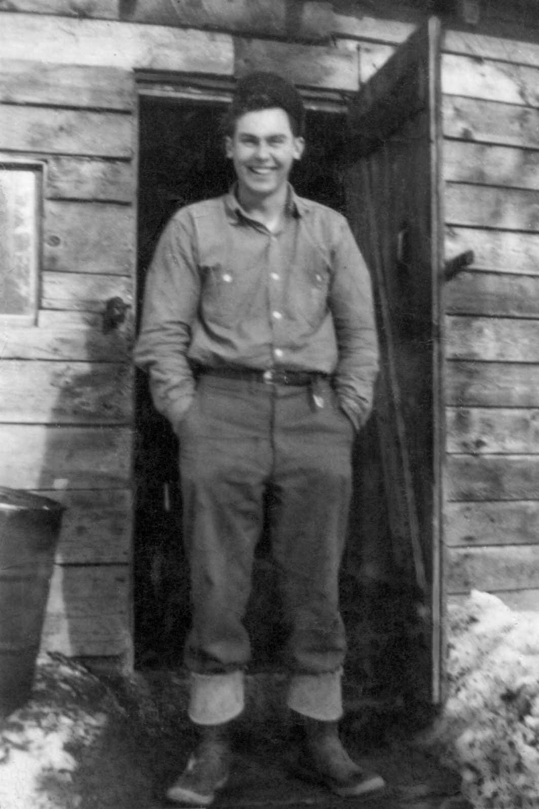 Circa 1949: John J Huculak - age 16 - working at a Logging Camp in Prince George BC.