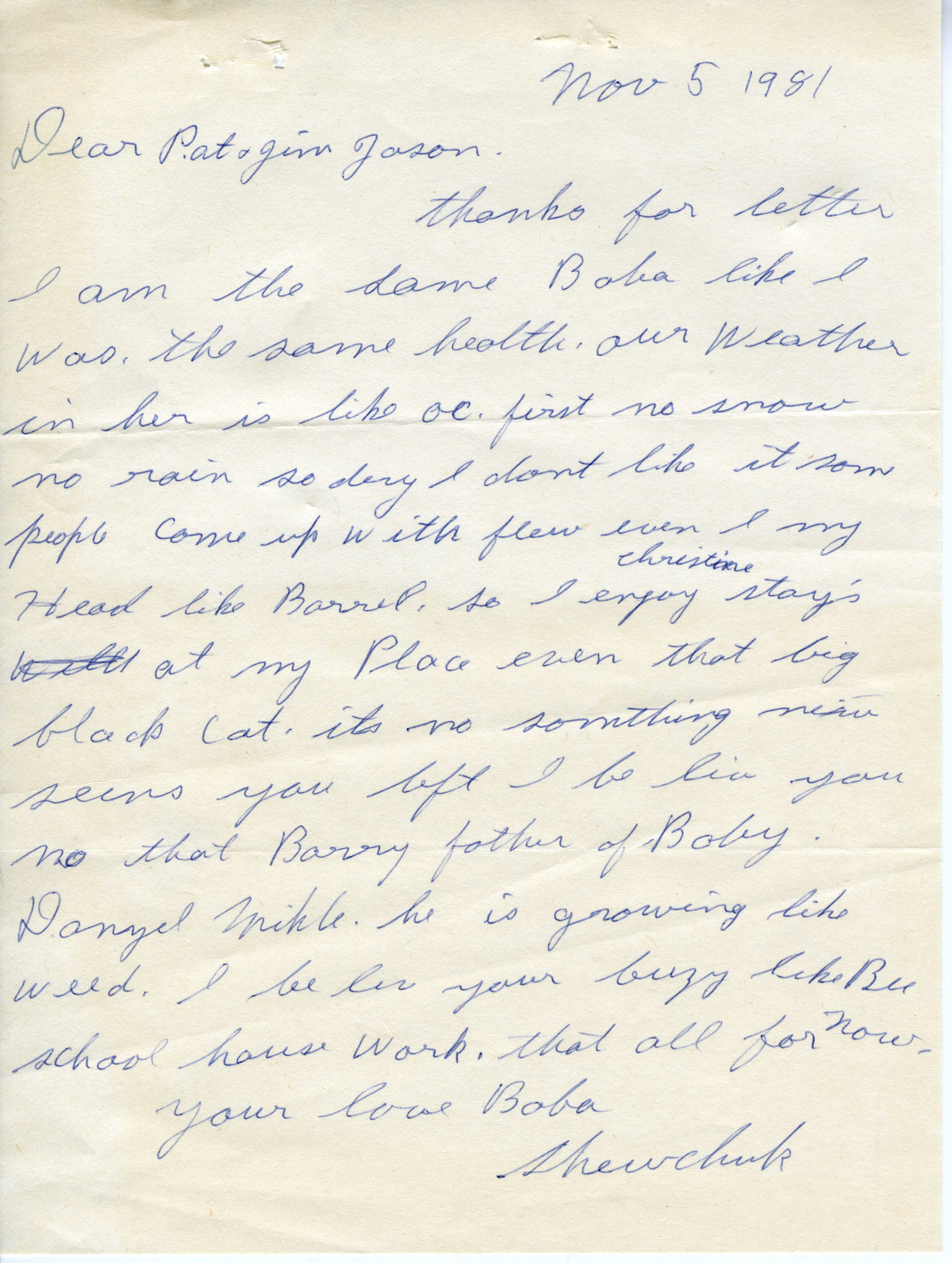 Letters from Christina (Huculak) Shewchuk (Genealogy family ID008) to grand daughter Pat (Megley) Rowland. Letters provided by Pat (Megley) Rowland (Genealogy family ID088)