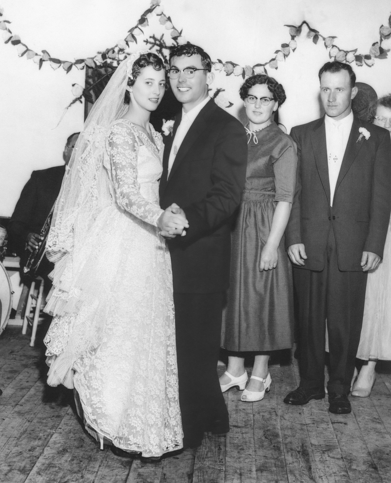 Kathleen [Shewchuk] Huculak, John Huculak, maid of honour Lena [Shewchuk] Tatarin (Kathleen's sister), best man George Kachuk