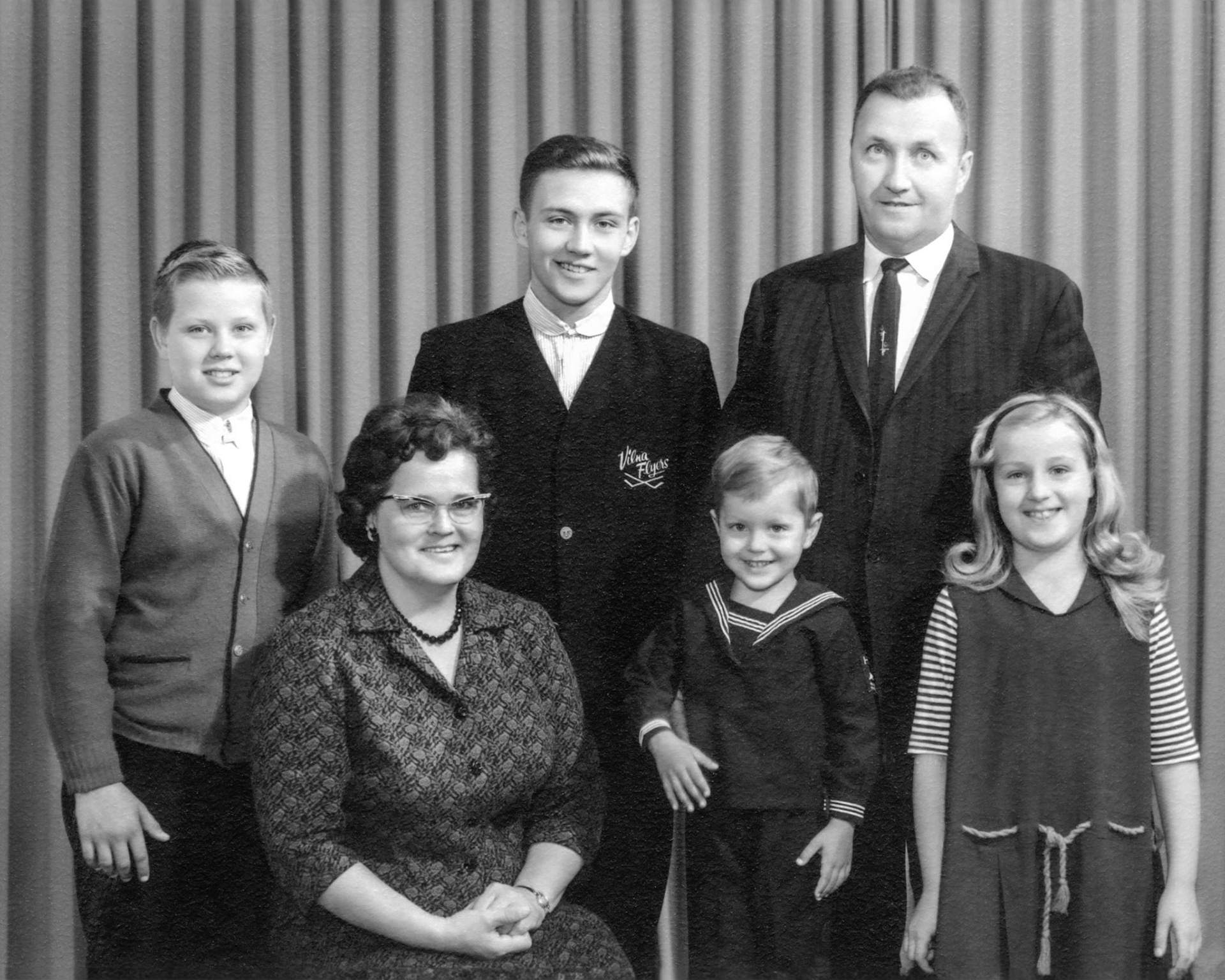 Circa 1965 •  Romanko family of Vilna, AB. L to R: Barry (13) - Eleanor [Shewchuk] Romanko (41) - Donald (17) - David  (3) - Christine (7) - Metro Romanko (44). Original texture retained as part of restoration.