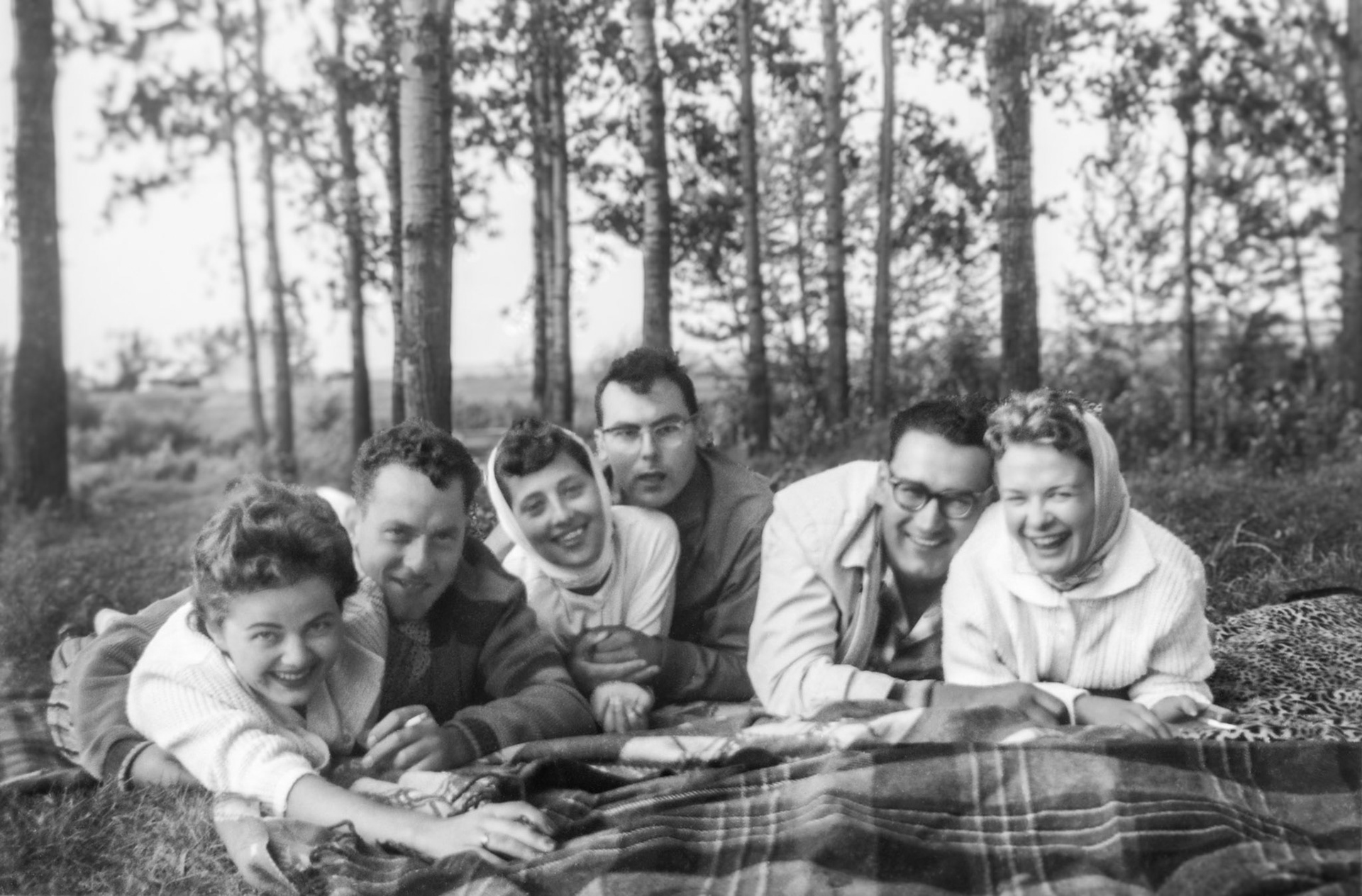 Circa 1955 • Couples L to R: Judy Kryshnowski - Peter Zurba - John Huculak - Kathleen Shewchuk - Joe Wasyalevich - unknown female. Elk Island Park, AB.