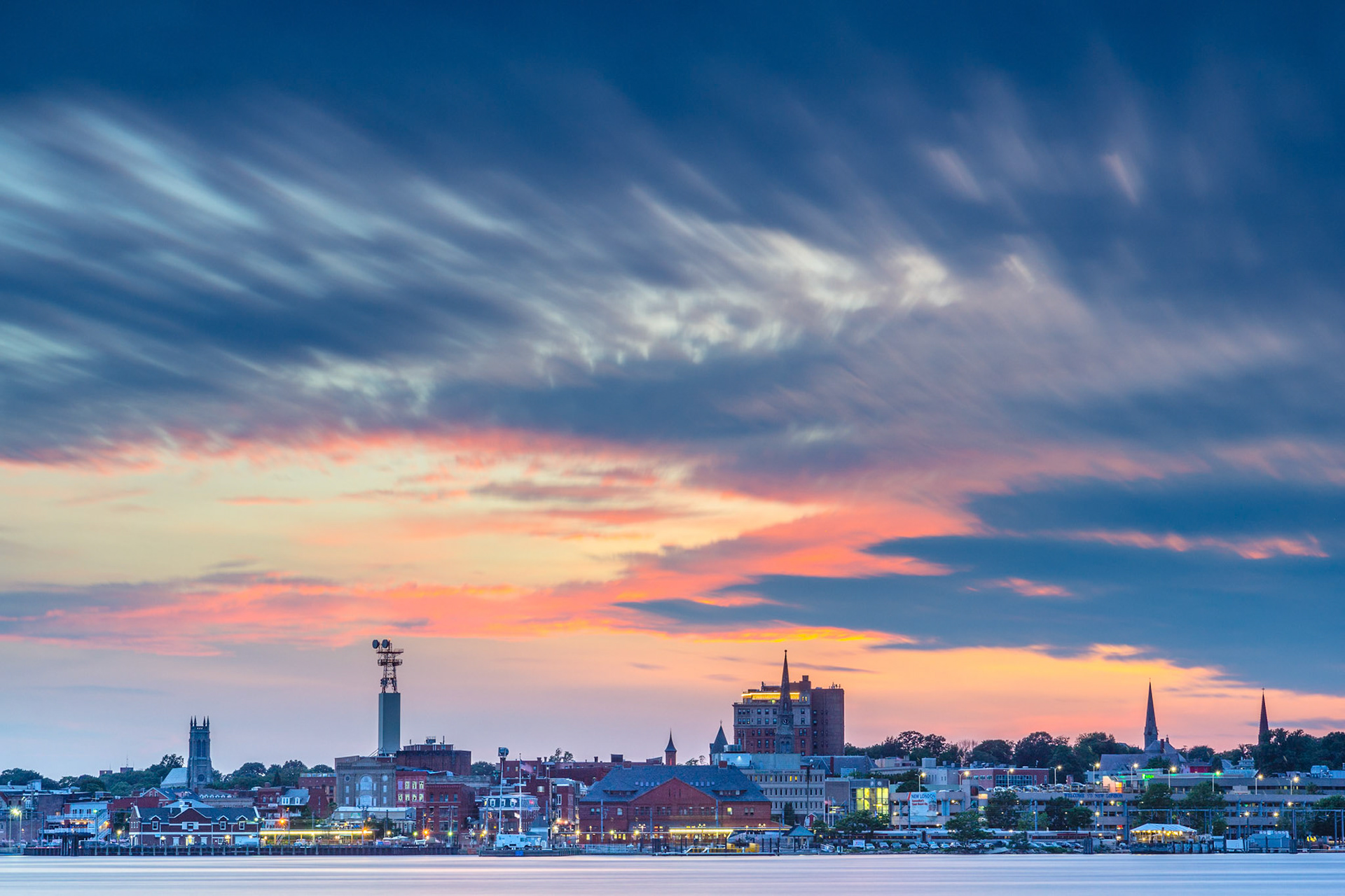 New London Connecticut skyline sunset.
