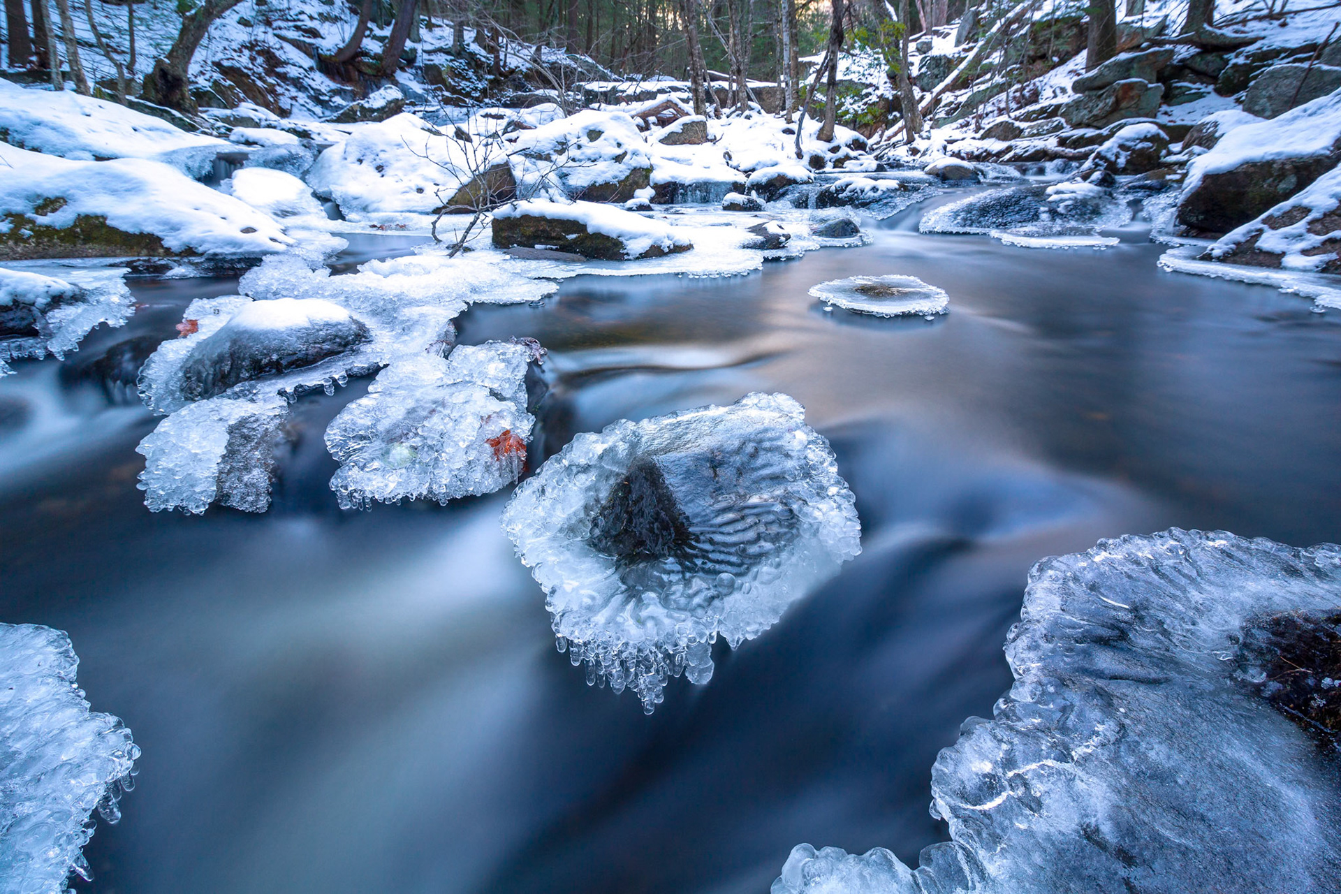 Long exposure of an ice formation in a river.