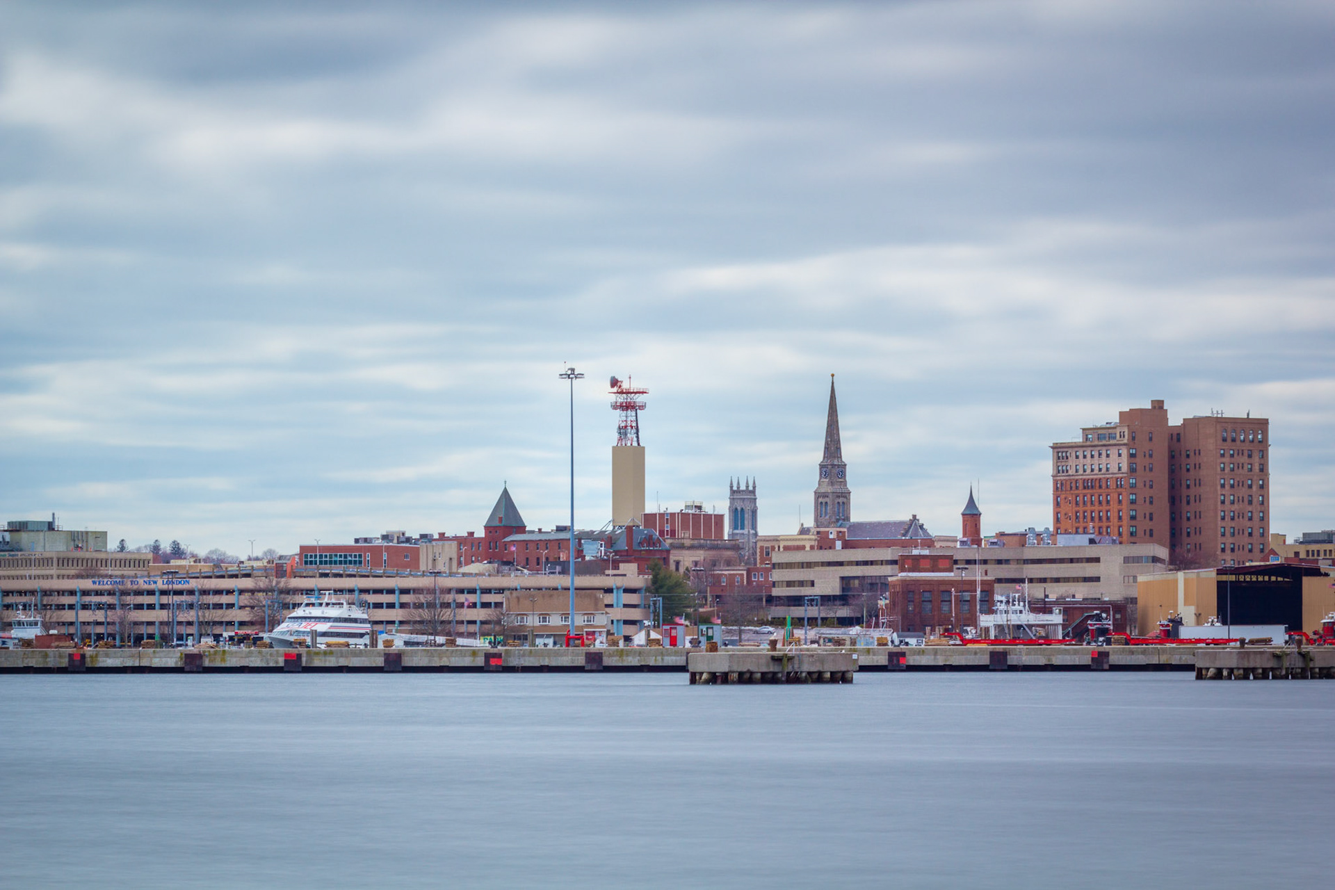 Long exposure of the skyline of downtown New London, Connecticut.