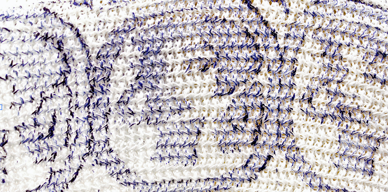 Speedball ink printed with a linoleum block on an English tuck rib knit structure of a cotton and wool blend