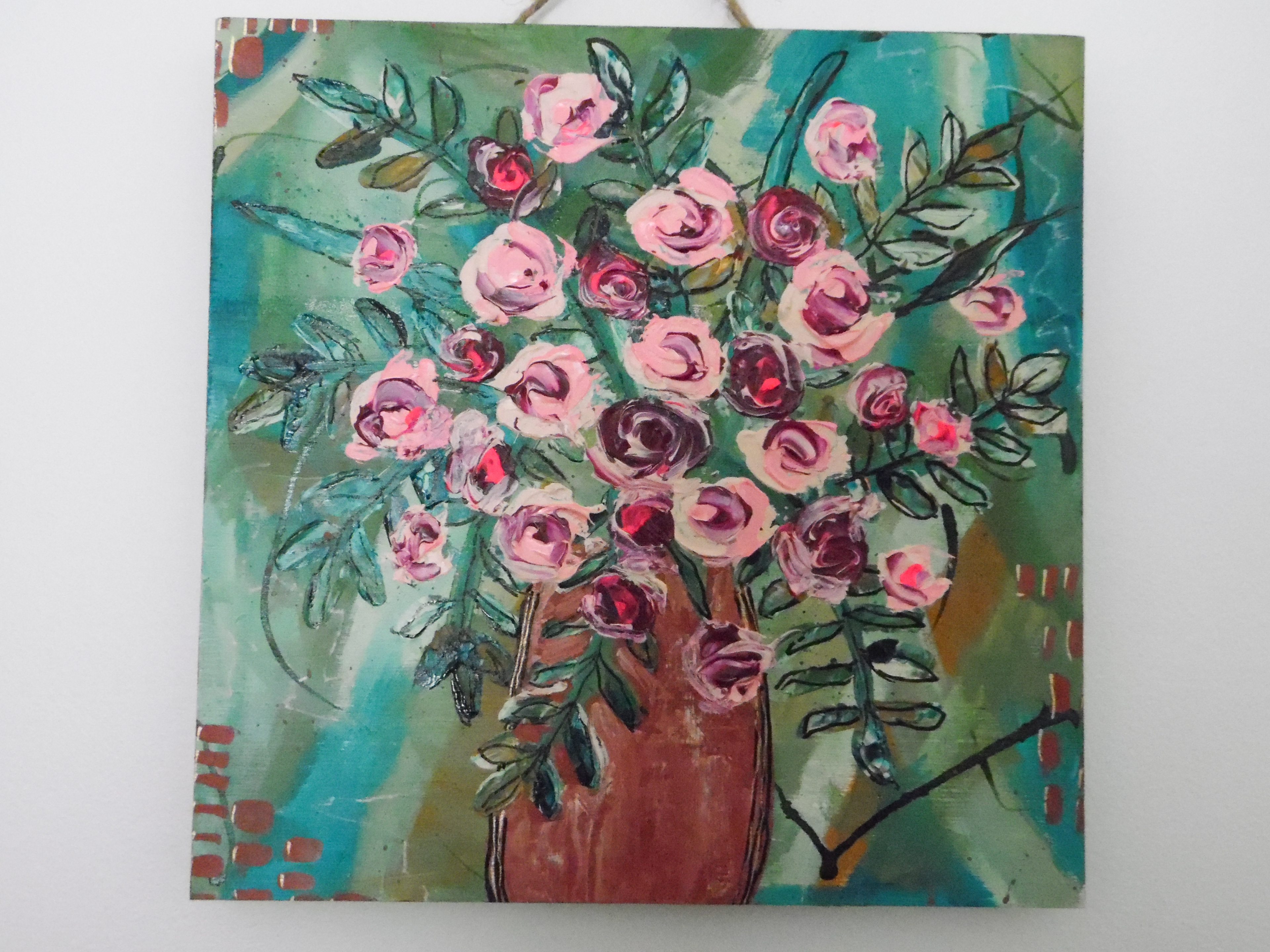 Vase of Roses 12x12 Wood Panel