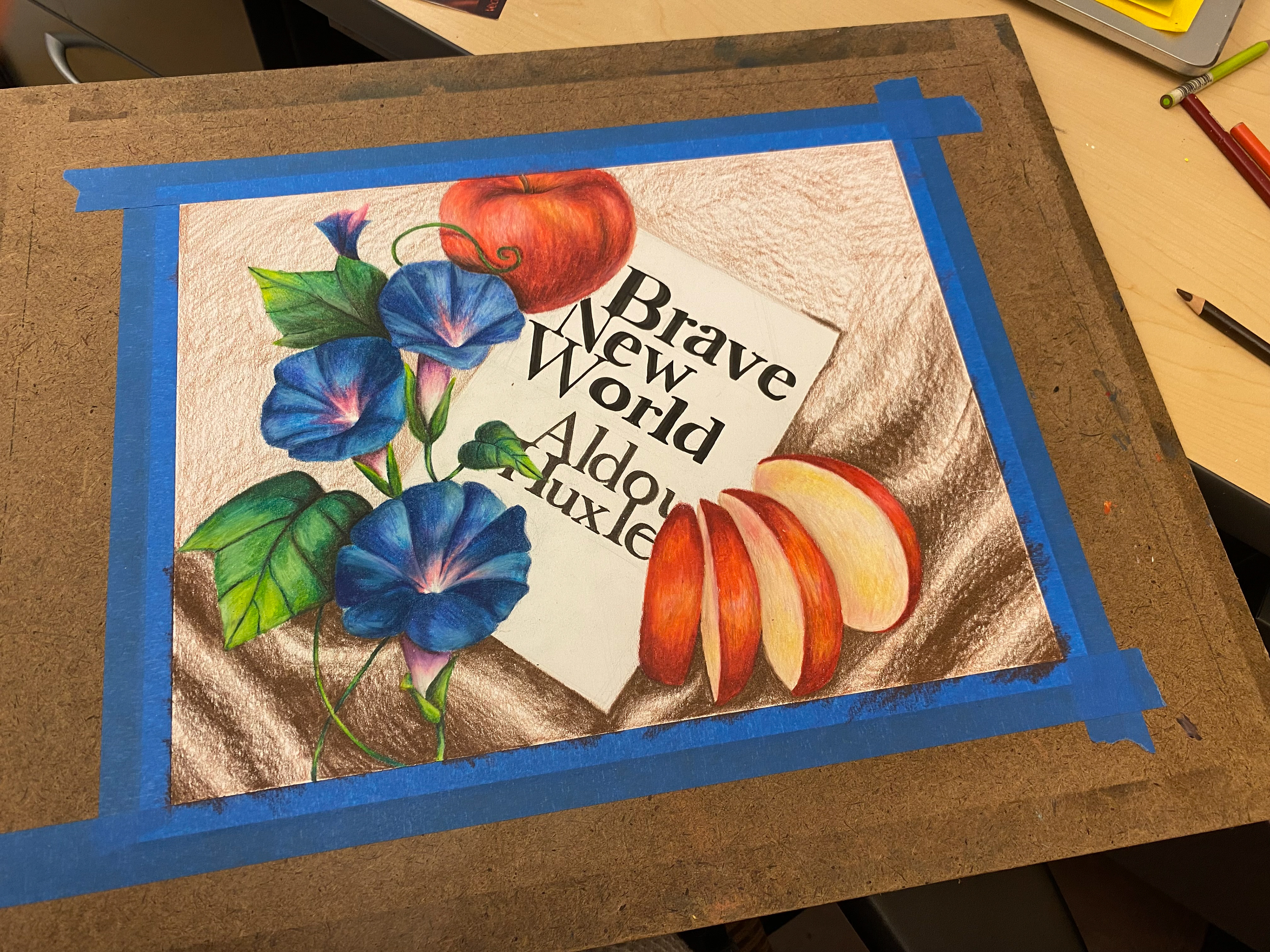Beginning working in values of fabrics in the background.