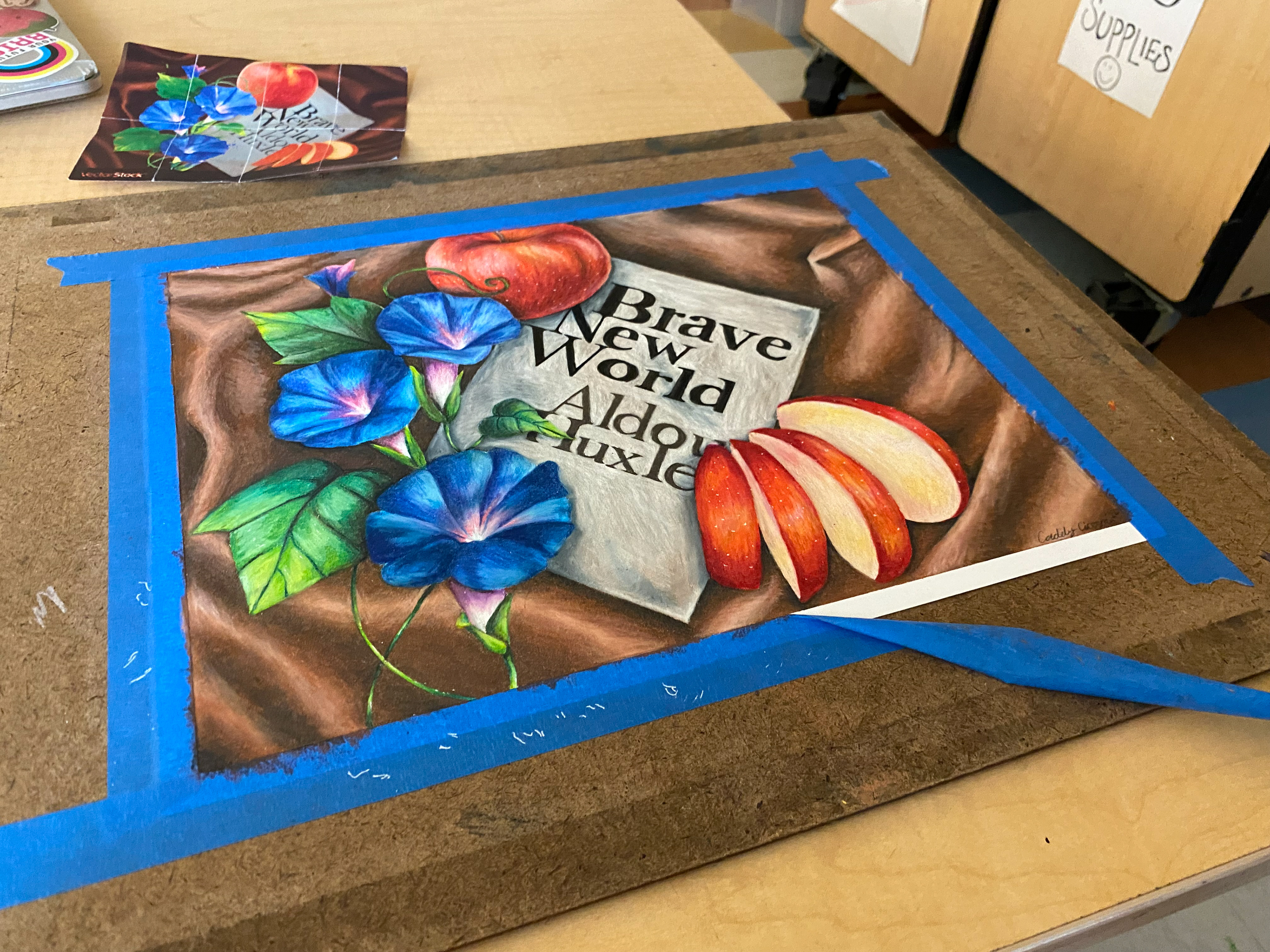 When tape is peeled, you can see the thick layer of wax built up from colored pencils.