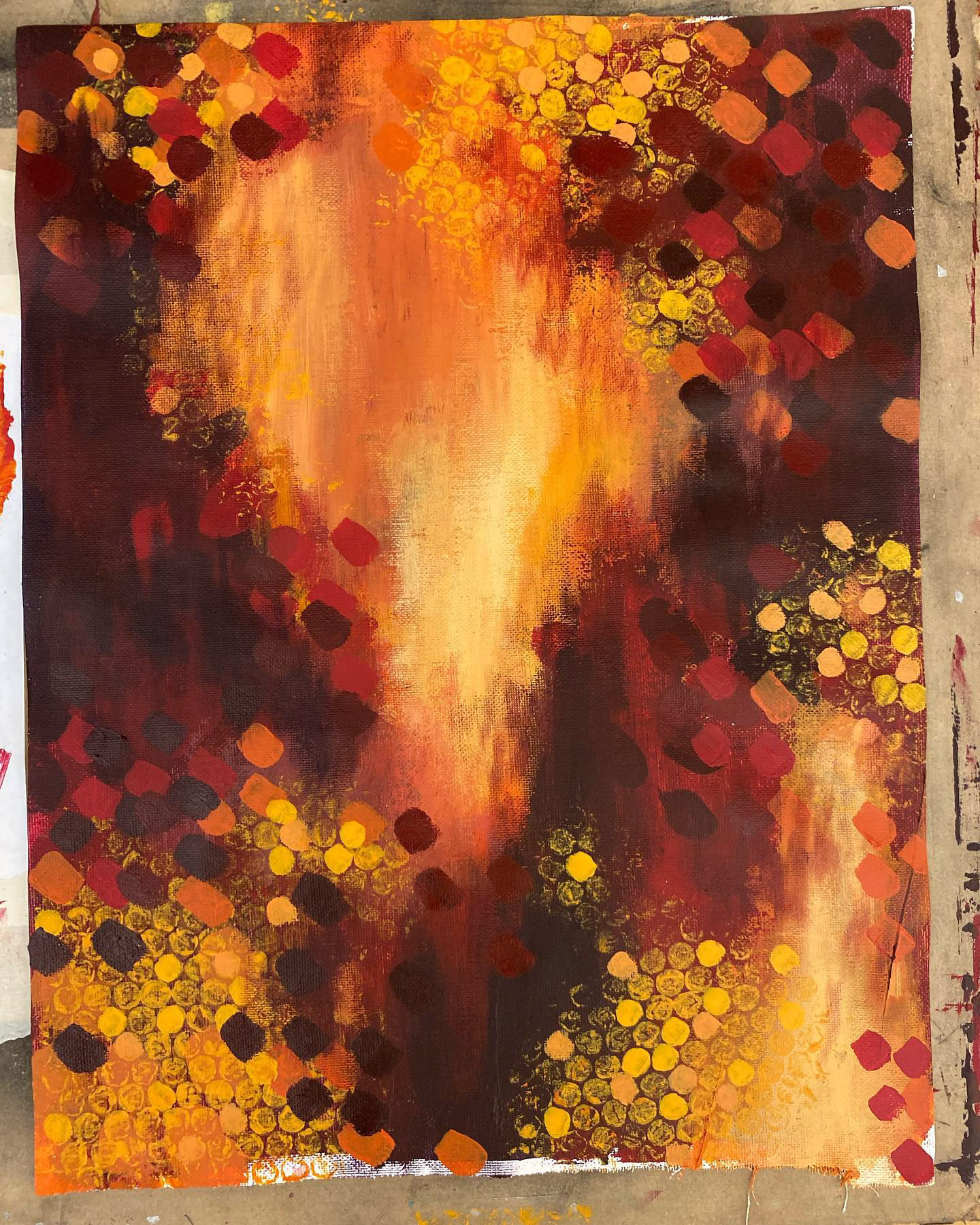 This piece began as a abstract experiment, specifically utilizing a color palette based upon analogous colors (Violet-red, Red, Red-Orange, Orange).