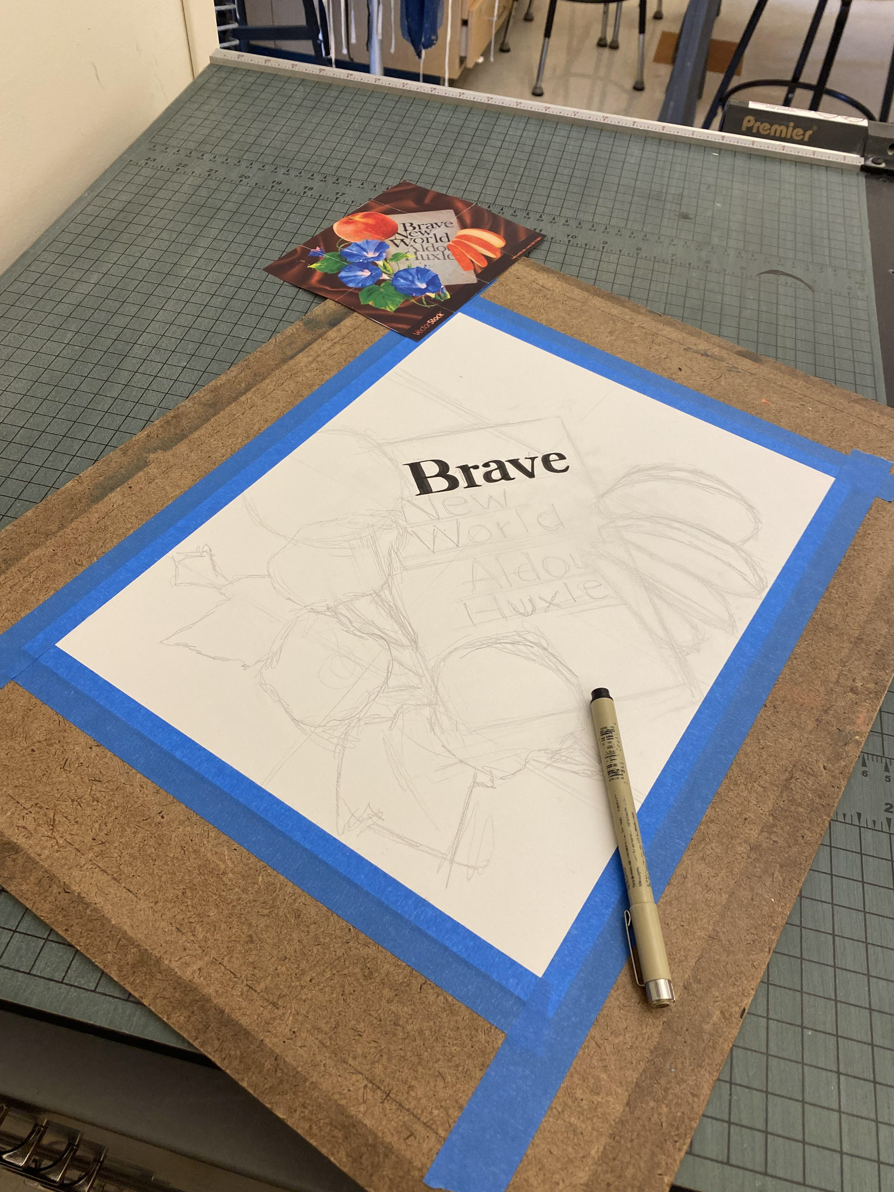First I sketched out the composition using pencil, and began to ink out text spots.