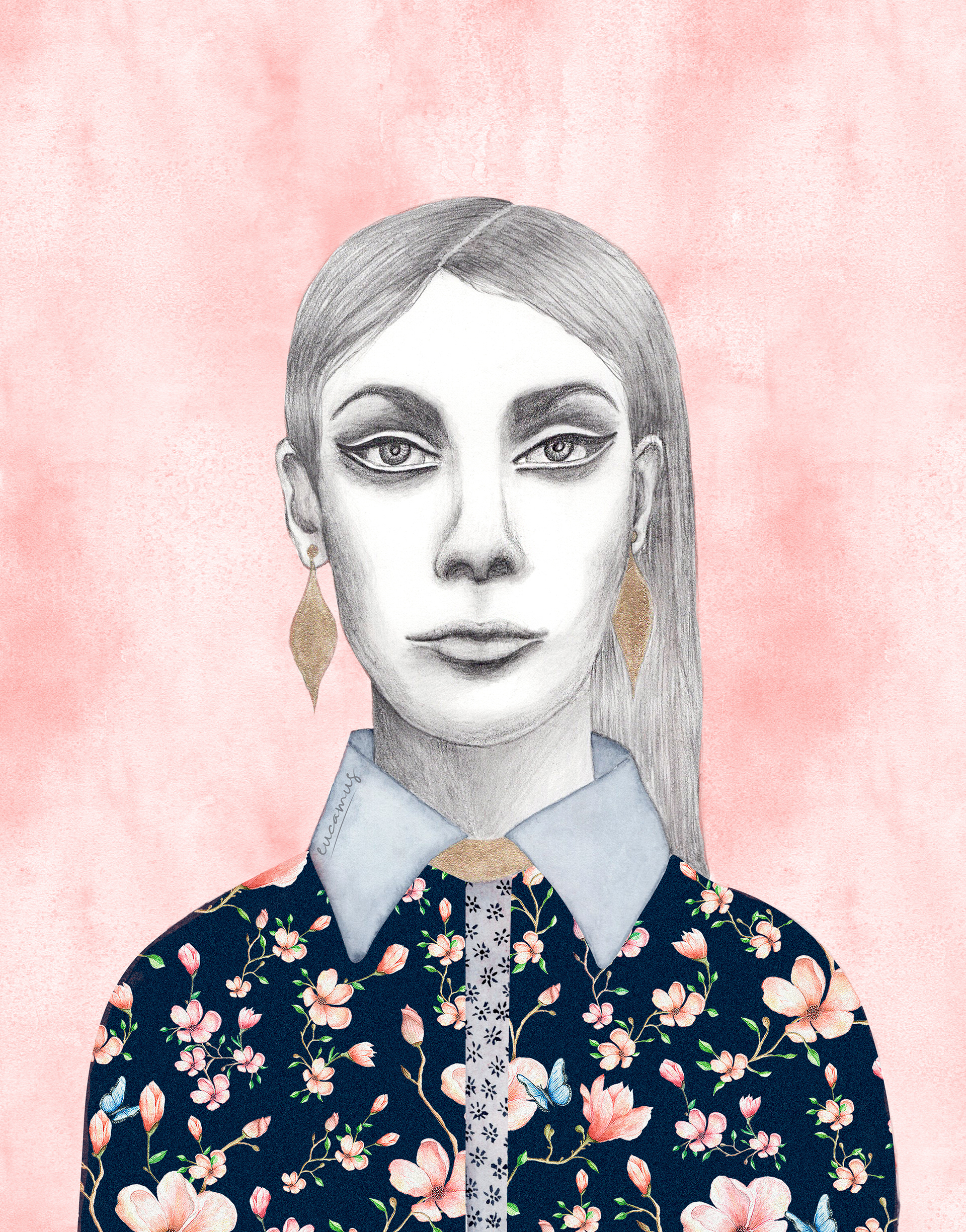 Fashion ilustration 2019. Pencil and watercolor on paper. Digitized to add color with Photoshop.