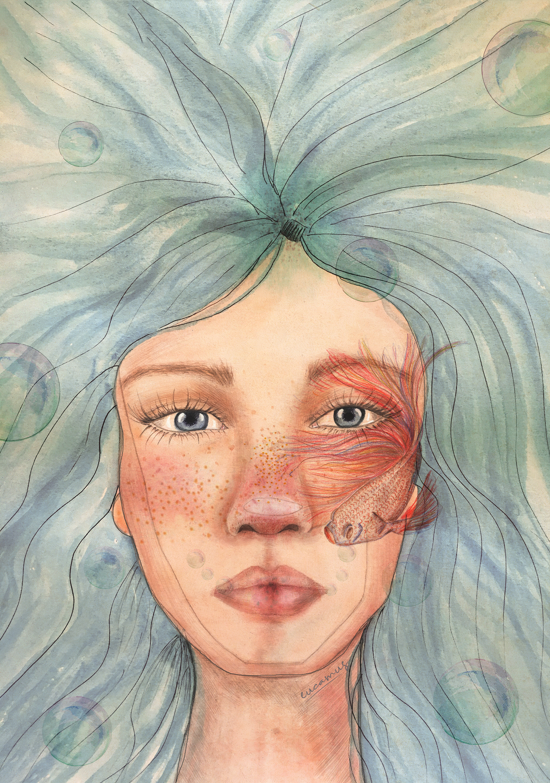 Underwater 2018. Watercolor on paper. Digitized to add color with Photoshop.