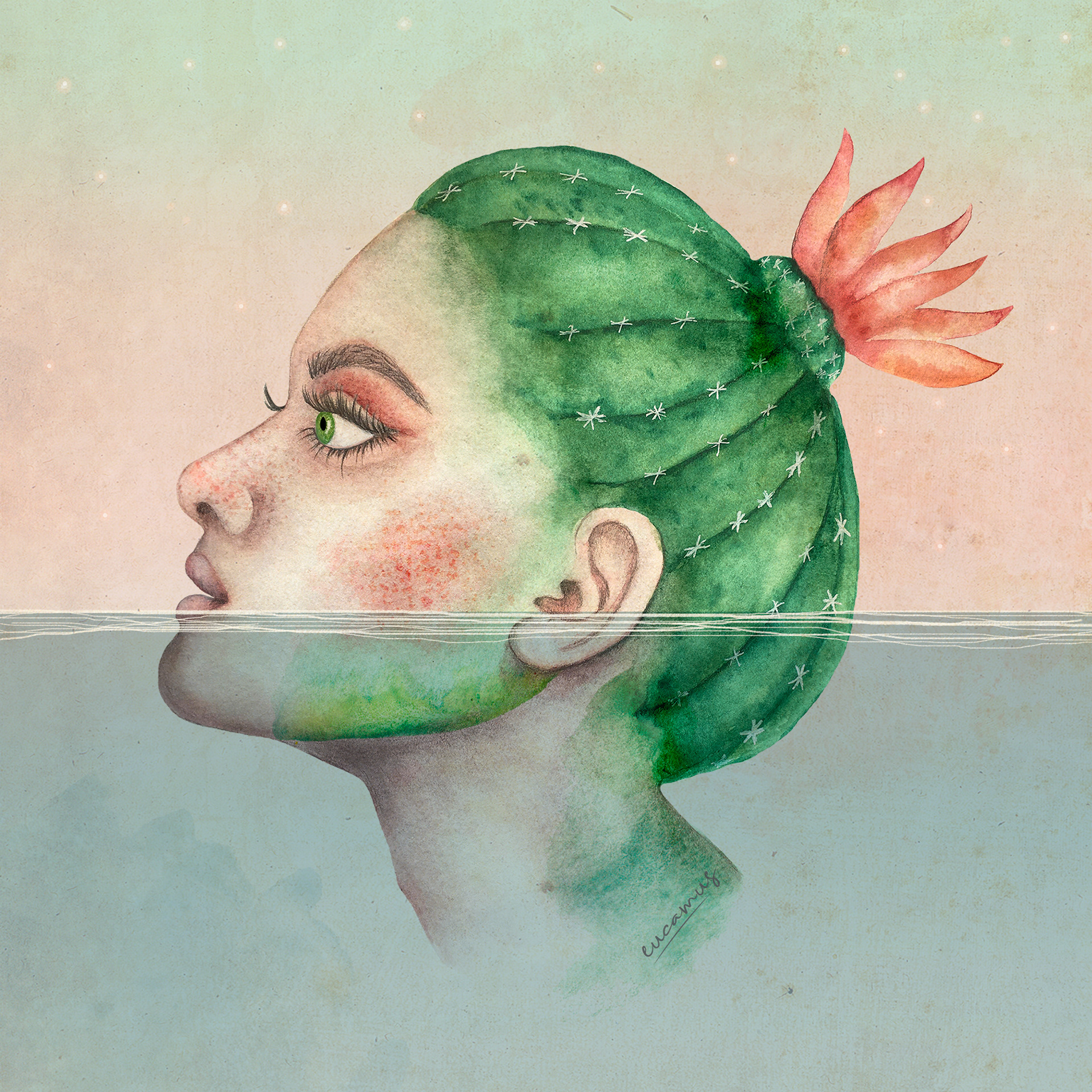 Cactus woman 2019. Watercolor on paper. Digitized to add color with Photoshop.