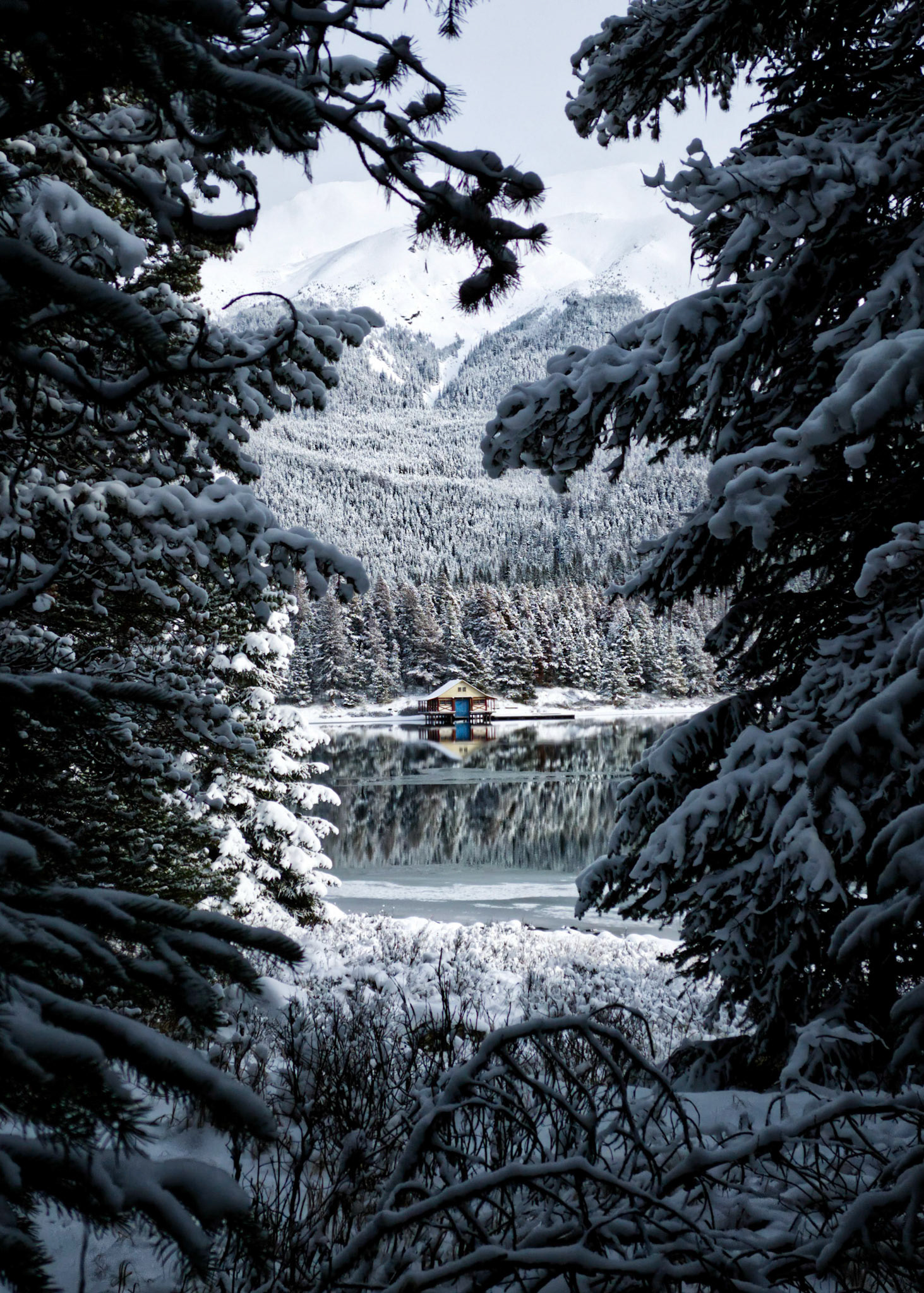 Maligne lake is closed during the winter. I was able to visit this beautiful place merely two days before they closed for the entire winter. Capturing this beautiful shot, framed by the magic of the winter, but with the water still liquid. This shot will be once in a lifetime for me!