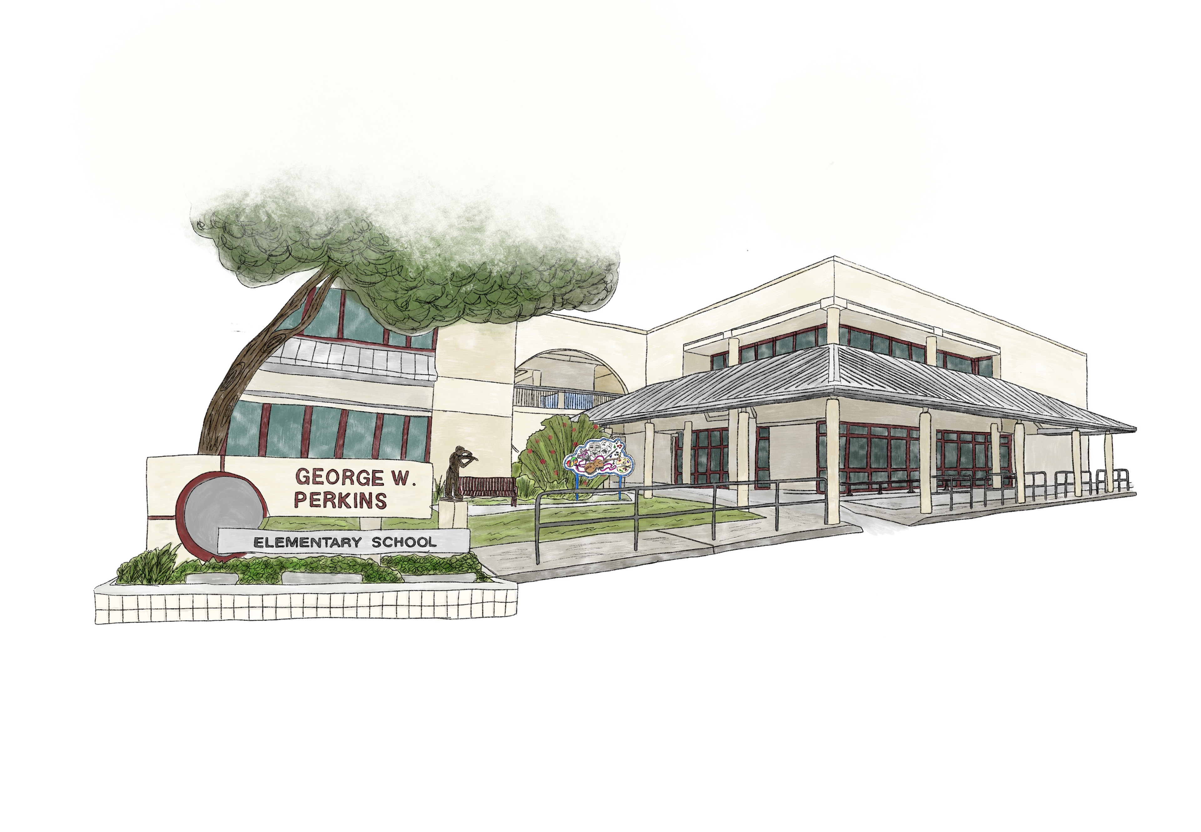 Illustration of my school that was originally a retirement gift for my mentor, and is now used each year for retirements!