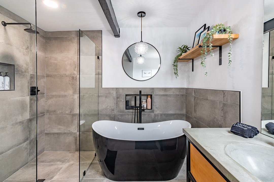 Bathroom with freestanding tub and walk-in shower