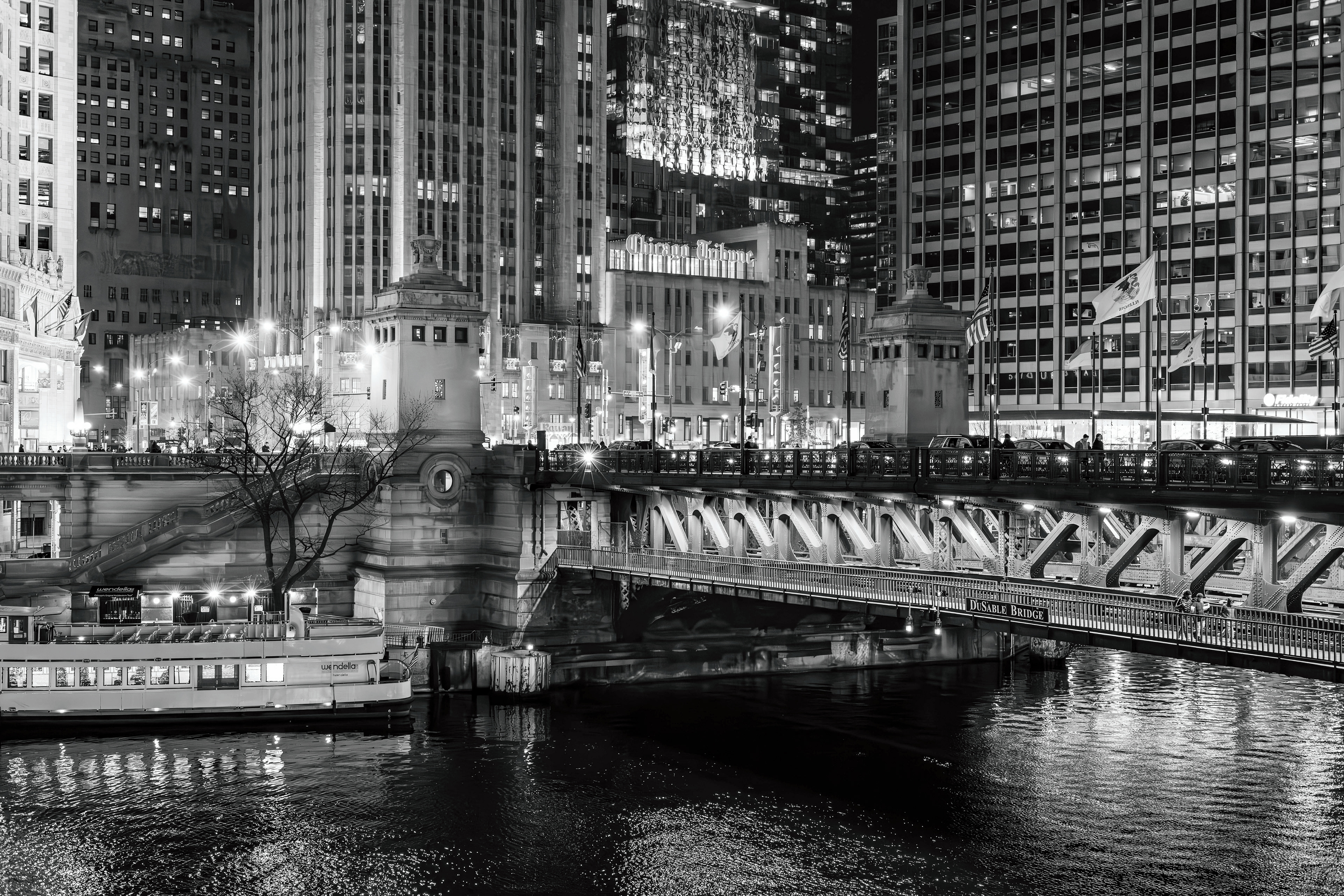 Chicago Riverwalk and DuSable Bridge at night, Chicago, Illinois  |  Sheet A-116