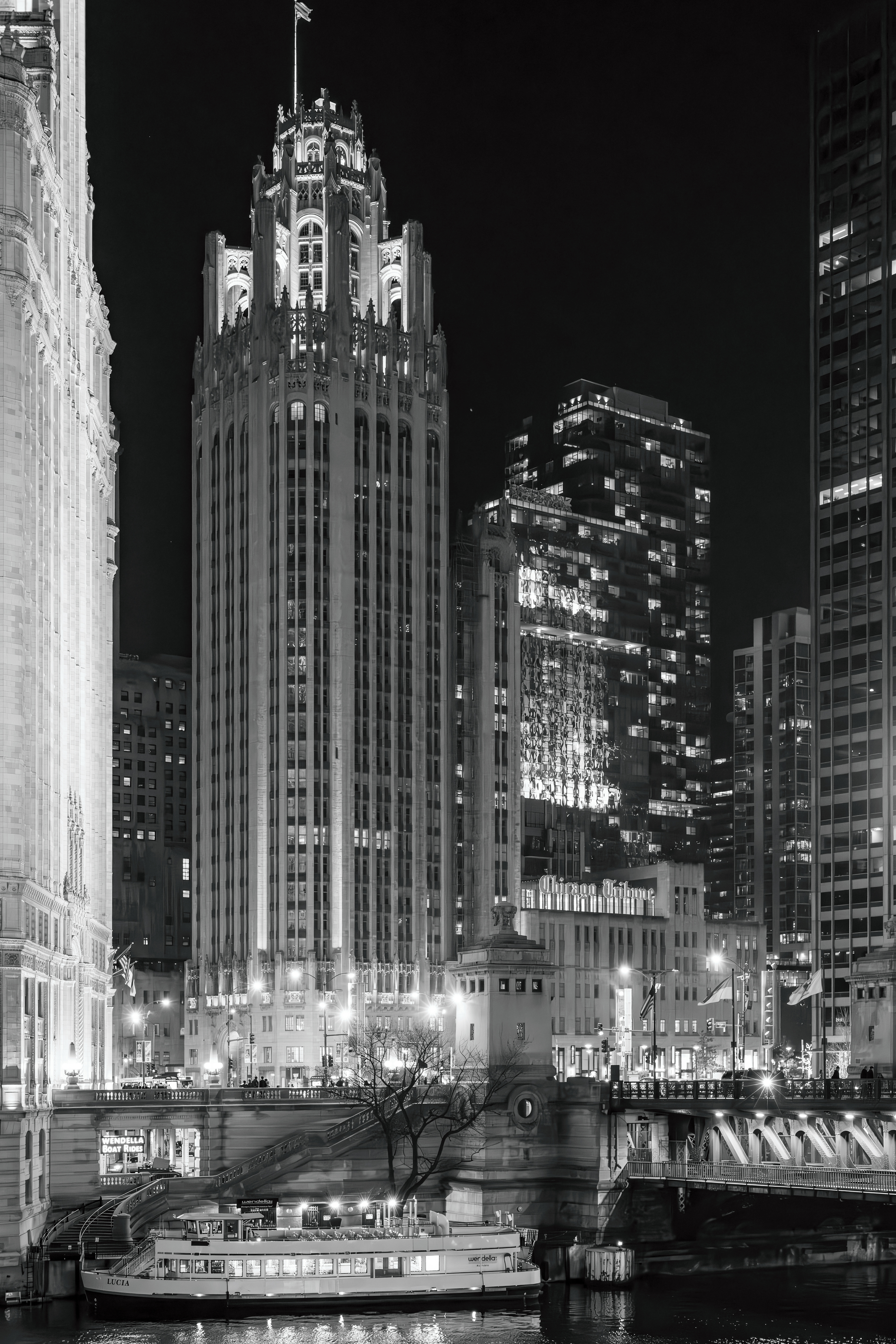 Tribune Tower at night, black and white, Chicago, Illinois  |  Sheet A-115