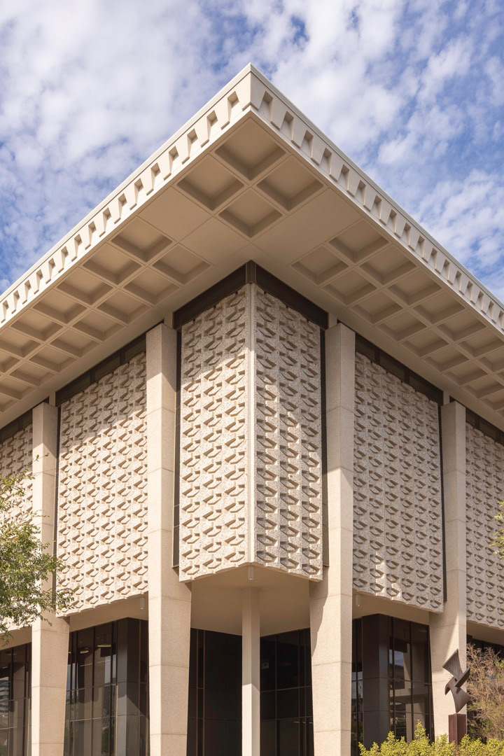 ASU Hayden Library corner with patterned screen, Tempe, Arizona  |  Sheet A-105