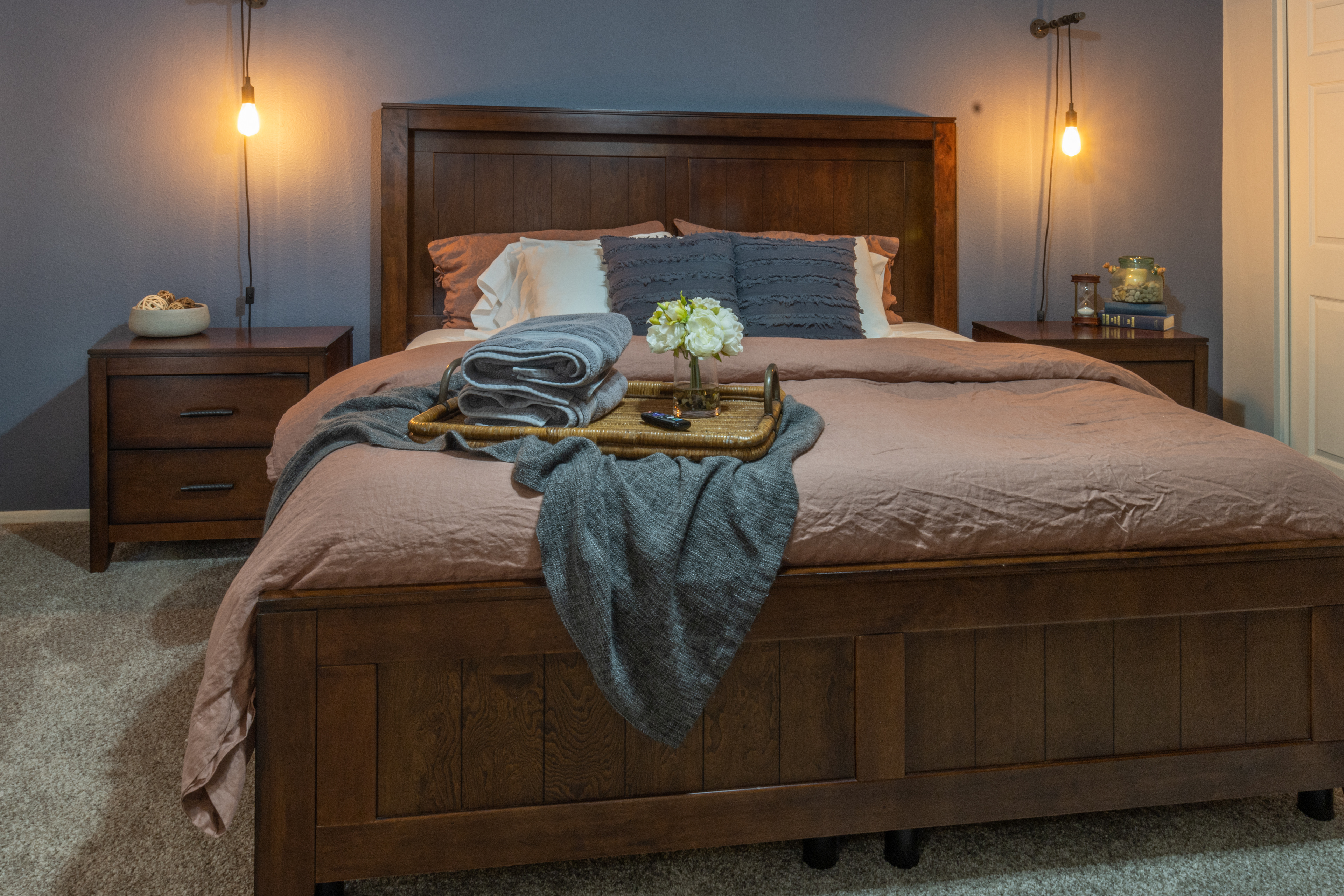 Bedroom with wood headboard