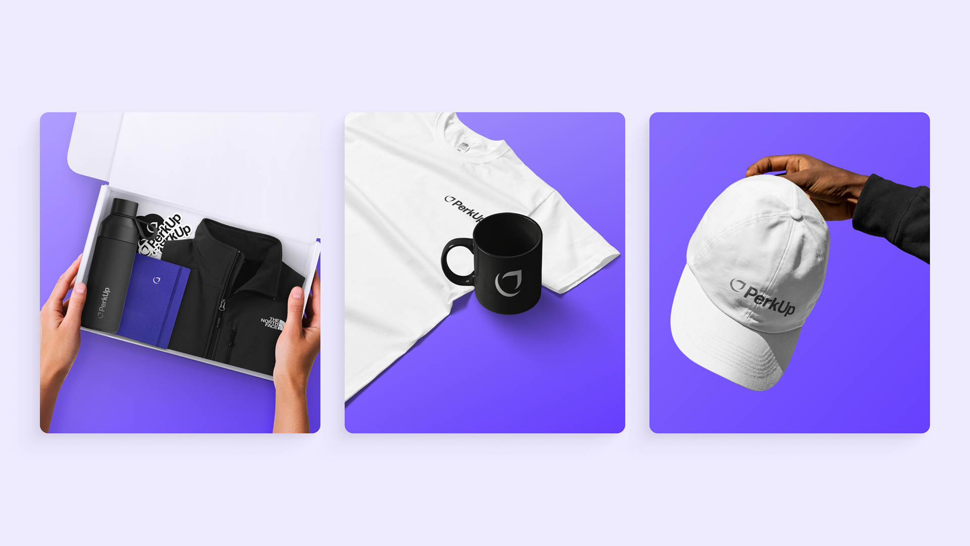 PerkUp's branding applied to swag and merchandising