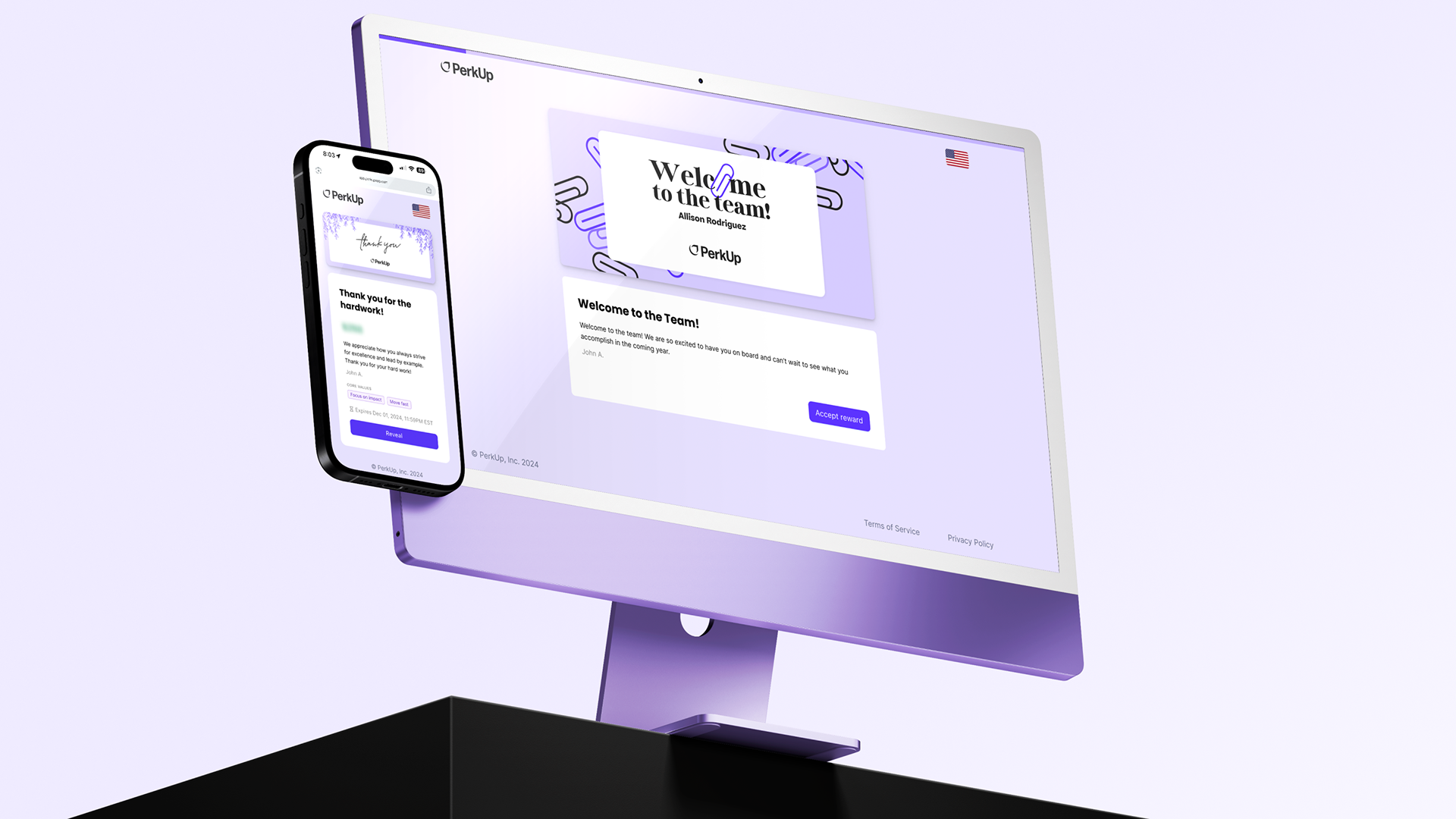 Monitor and phone mockup of PerkUp app/platform
